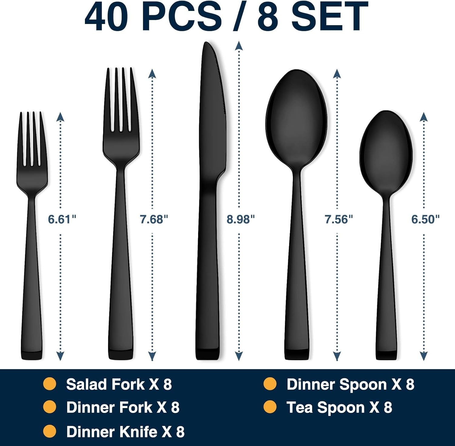 image:imageBlack Silverware Set Umite Chef 40Piece Stainless Steel Flatware Set Cutlery Set for 8 Fork Spoon Knife Set Eating Utensils Tableware Set for Kitchens Dishwasher Safe