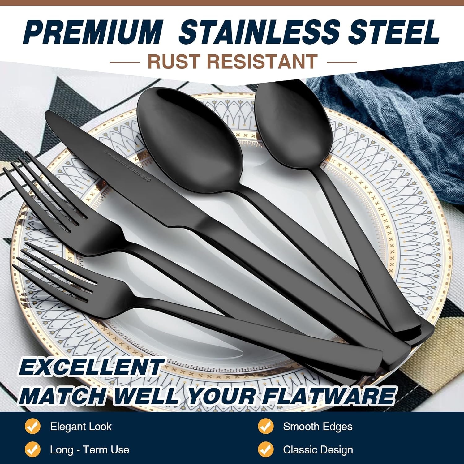 image:imageBlack Silverware Set Umite Chef 40Piece Stainless Steel Flatware Set Cutlery Set for 8 Fork Spoon Knife Set Eating Utensils Tableware Set for Kitchens Dishwasher Safe