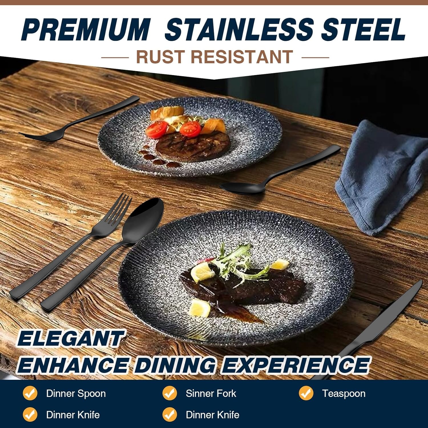 image:imageBlack Silverware Set Umite Chef 40Piece Stainless Steel Flatware Set Cutlery Set for 8 Fork Spoon Knife Set Eating Utensils Tableware Set for Kitchens Dishwasher Safe