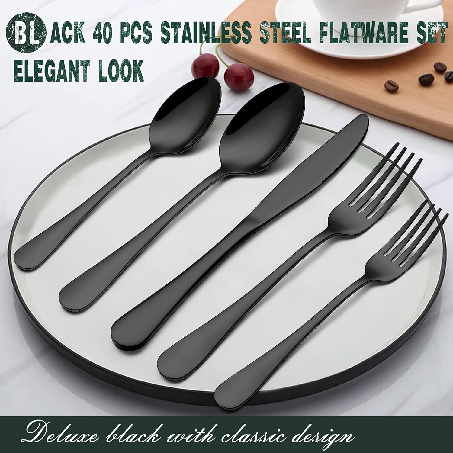 image:imageBlack Silverware Set Umite Chef 40Piece Stainless Steel Flatware Set for 8 Kitchen Tableware Cutlery Set Eating Utensil Include for Home and Restaurant Mirror Finish Dishwasher Safe
