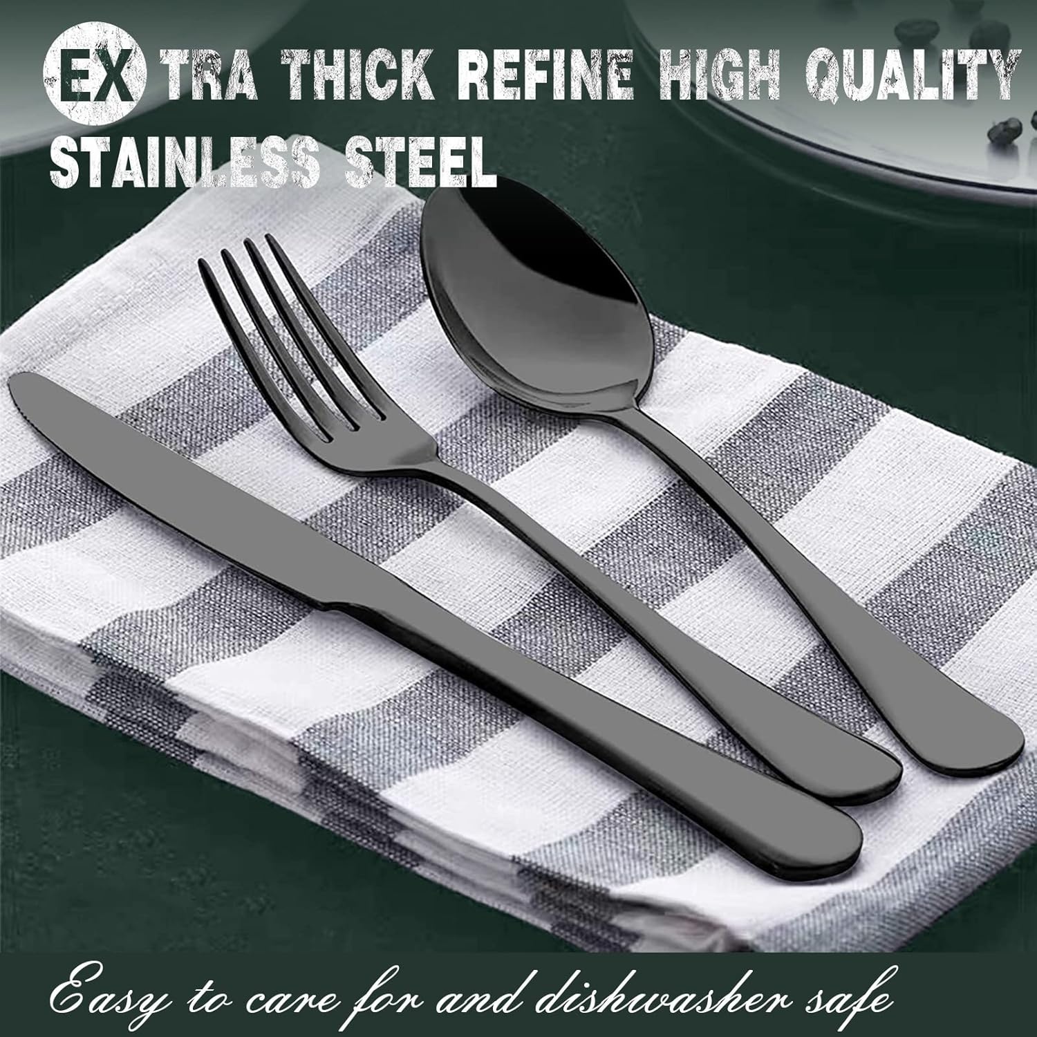 image:imageBlack Silverware Set Umite Chef 40Piece Stainless Steel Flatware Set for 8 Kitchen Tableware Cutlery Set Eating Utensil Include for Home and Restaurant Mirror Finish Dishwasher Safe