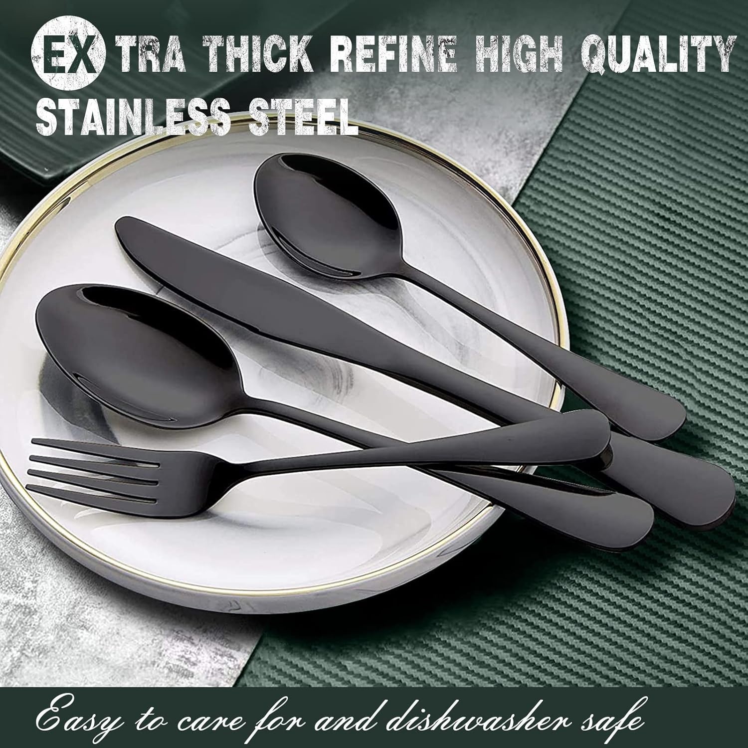 image:imageBlack Silverware Set Umite Chef 40Piece Stainless Steel Flatware Set for 8 Kitchen Tableware Cutlery Set Eating Utensil Include for Home and Restaurant Mirror Finish Dishwasher Safe