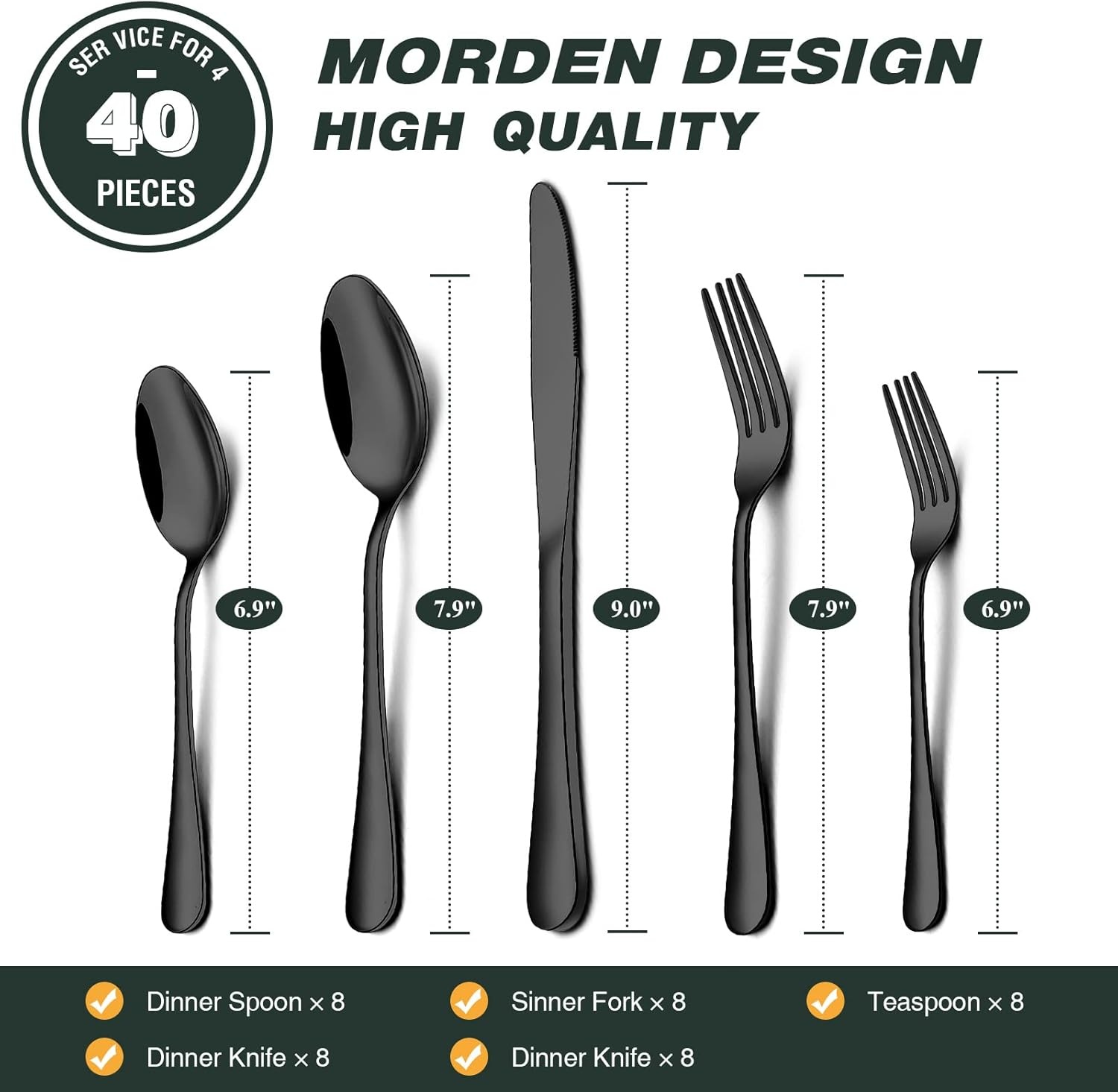 image:imageBlack Silverware Set Umite Chef 40Piece Stainless Steel Flatware Set for 8 Kitchen Tableware Cutlery Set Eating Utensil Include for Home and Restaurant Mirror Finish Dishwasher Safe