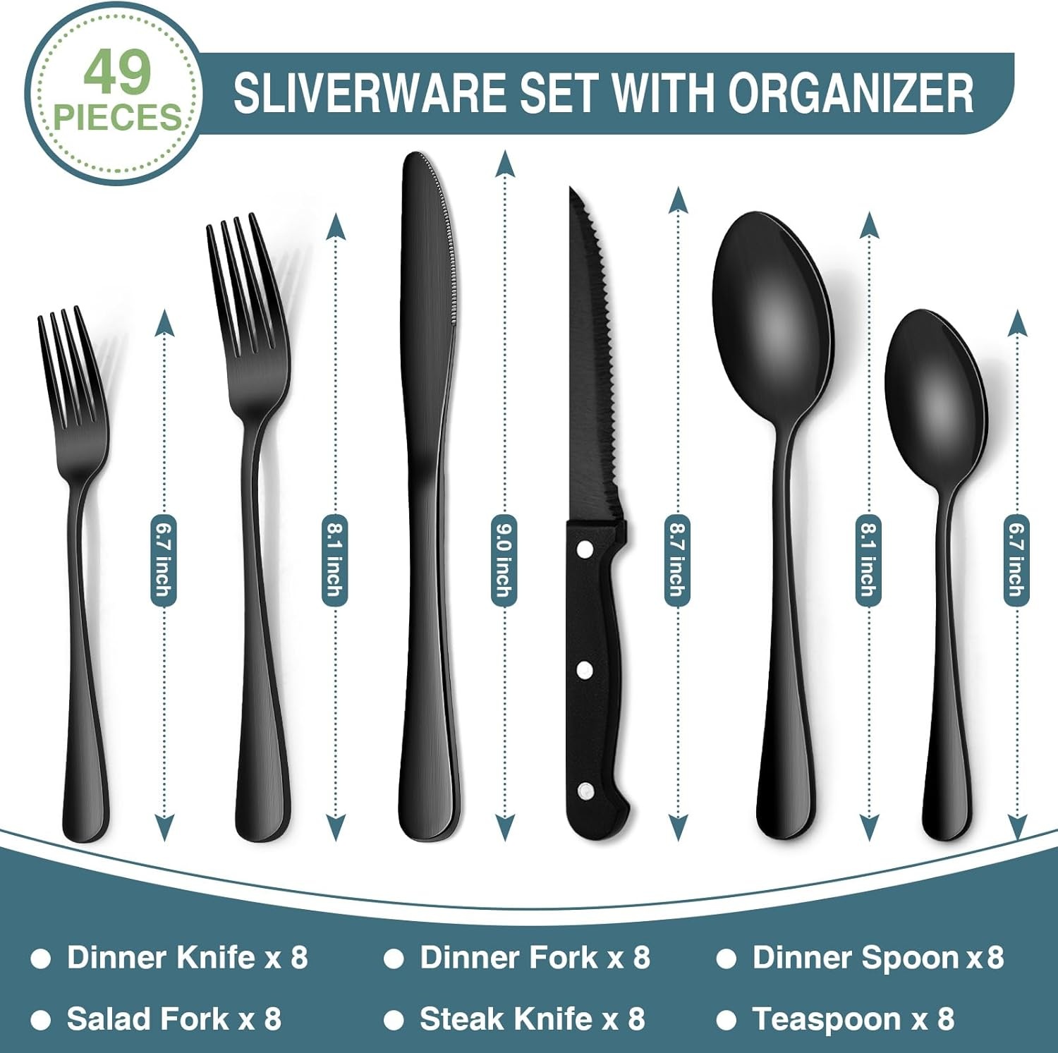 image:imageBlack Silverware Set Umite Chef 49Piece Flatware Set with Drawer Organizer Durable Stainless Steel Cutlery Set for 8 Tableware Eating Utensils with Steak Knives for Home Restaurant48