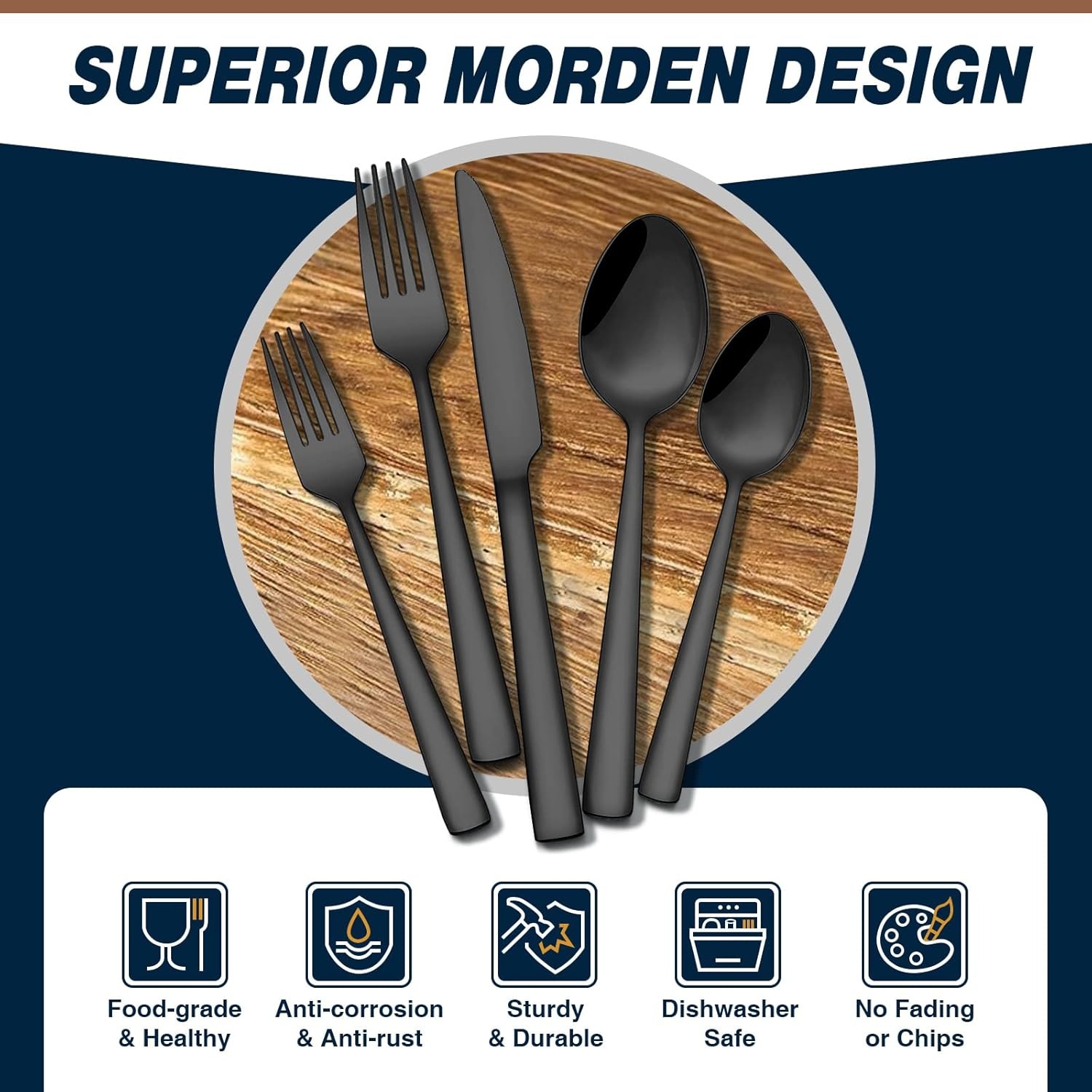 image:imageBlack Silverware Set Umite Chef 60Piece Stainless Steel Flatware Set Cutlery Set for 12 Fork Spoon Knife Set Eating Utensils Tableware Set for Kitchens Dishwasher Safe