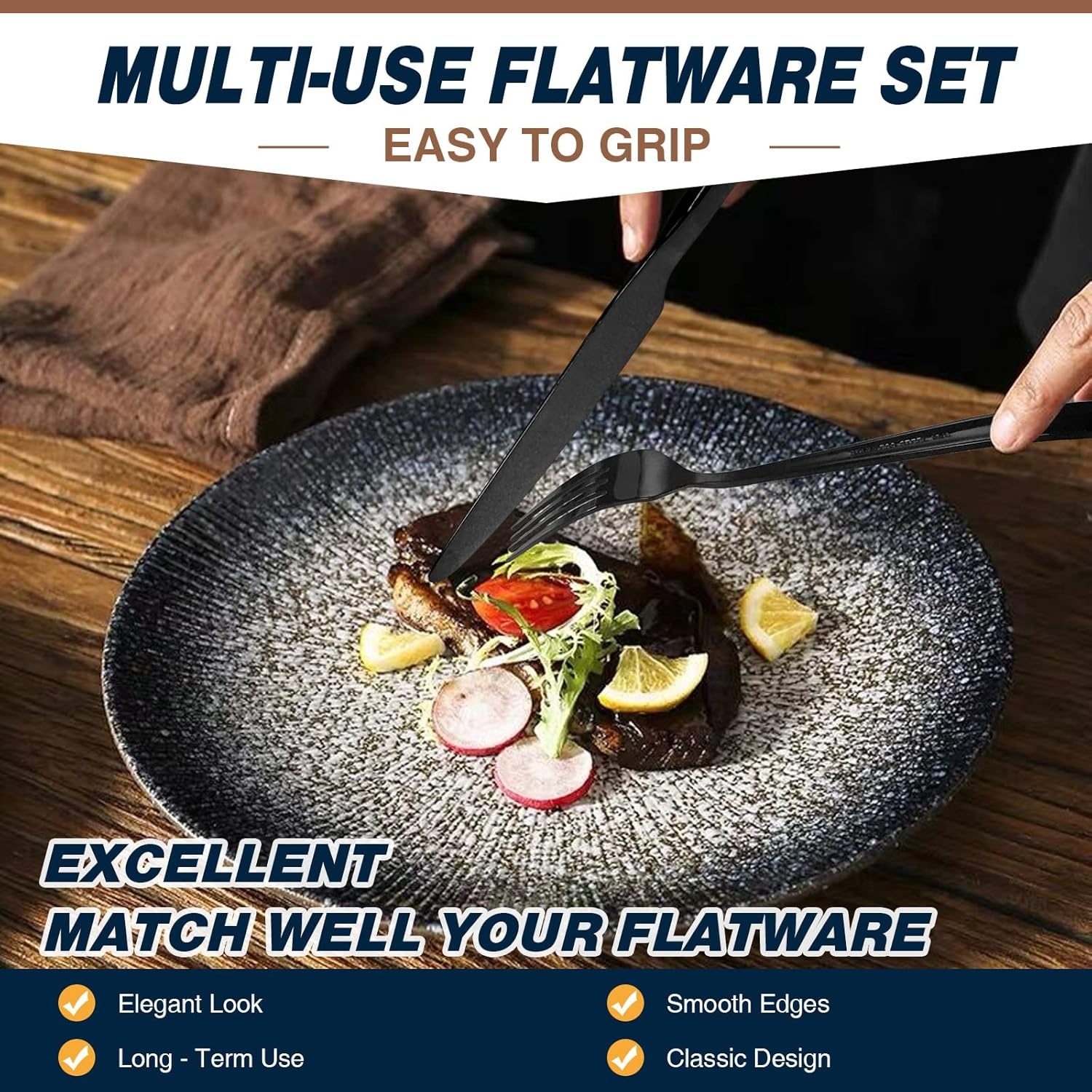 image:imageBlack Silverware Set Umite Chef 60Piece Stainless Steel Flatware Set Cutlery Set for 12 Fork Spoon Knife Set Eating Utensils Tableware Set for Kitchens Dishwasher Safe