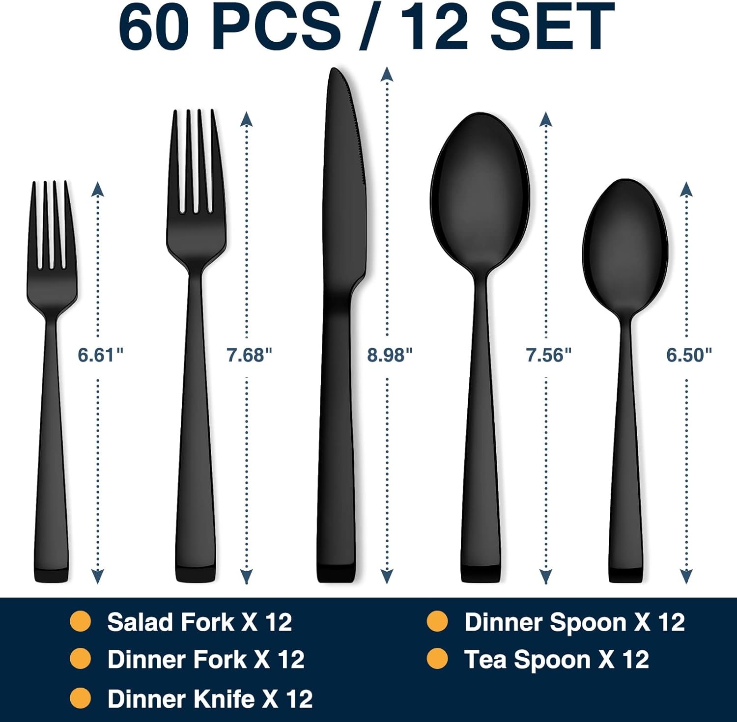 image:imageBlack Silverware Set Umite Chef 60Piece Stainless Steel Flatware Set Cutlery Set for 12 Fork Spoon Knife Set Eating Utensils Tableware Set for Kitchens Dishwasher Safe