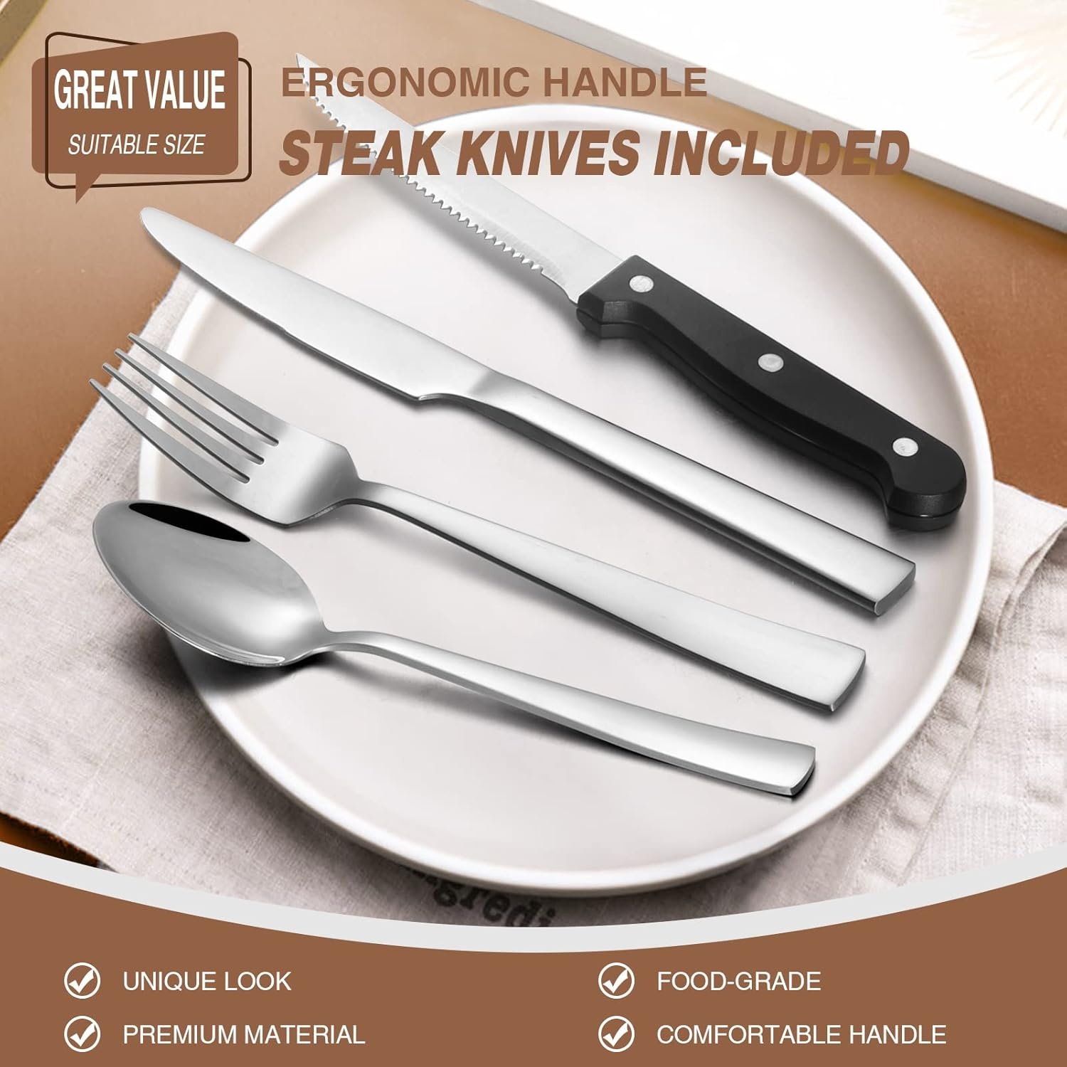 image:imageUmite Chef 72Piece Silverware Set with Steak Knives for 12 Stainless Steel Flatware Cutlery Set Kitchen Eating Tableware Set For Home Kitchen Restaurant Hotel Mirror Polished Dishwasher Safe