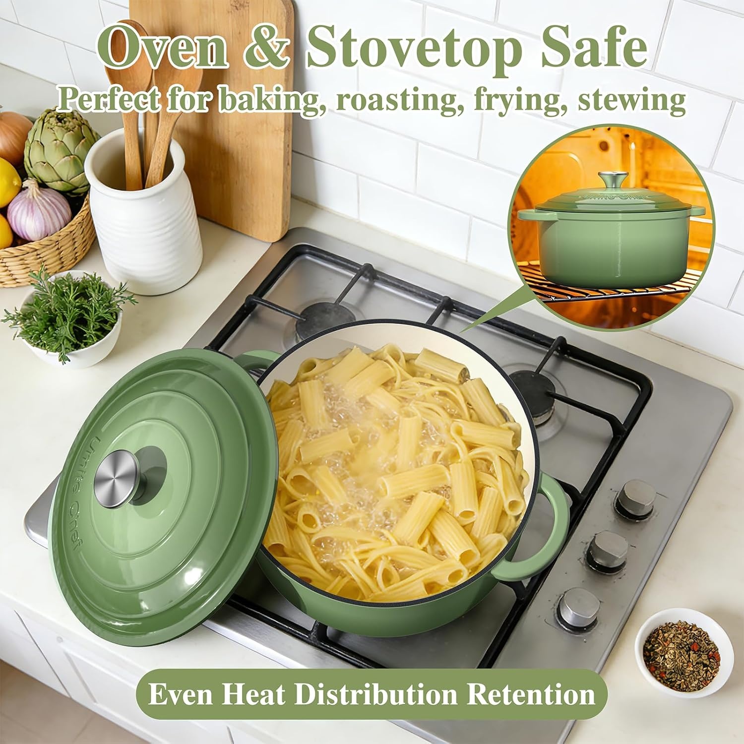 image:imageEnameled Cast Iron Dutch Oven Umite Chef 5QT Pot with Lid amp Cotton Potholders HeavyDuty Cookware for Bread Baking Braising Stews RoastingCream WhiteSage Green