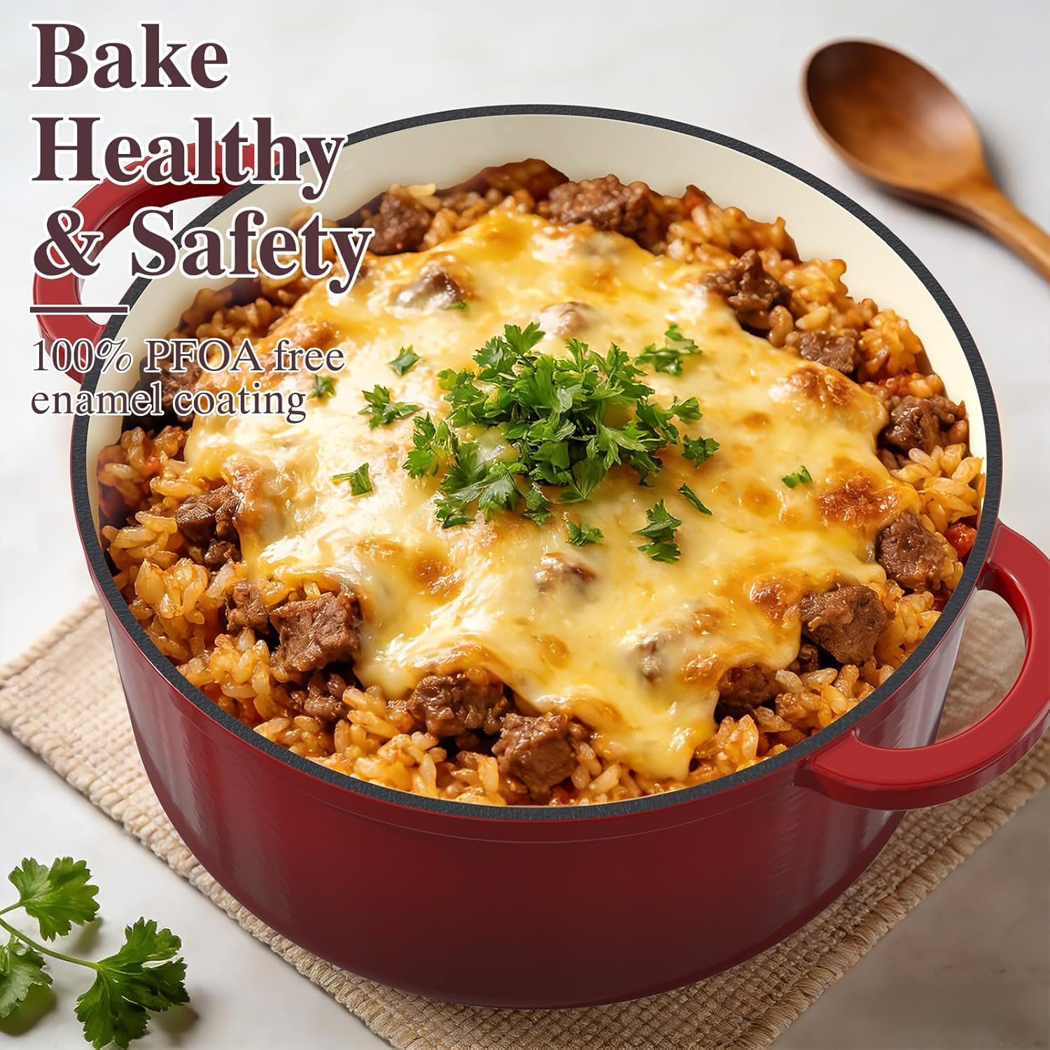 image:imageEnameled Cast Iron Dutch Oven Umite Chef 5QT Pot with Lid amp Cotton Potholders HeavyDuty Cookware for Bread Baking Braising Stews RoastingCream WhiteRed
