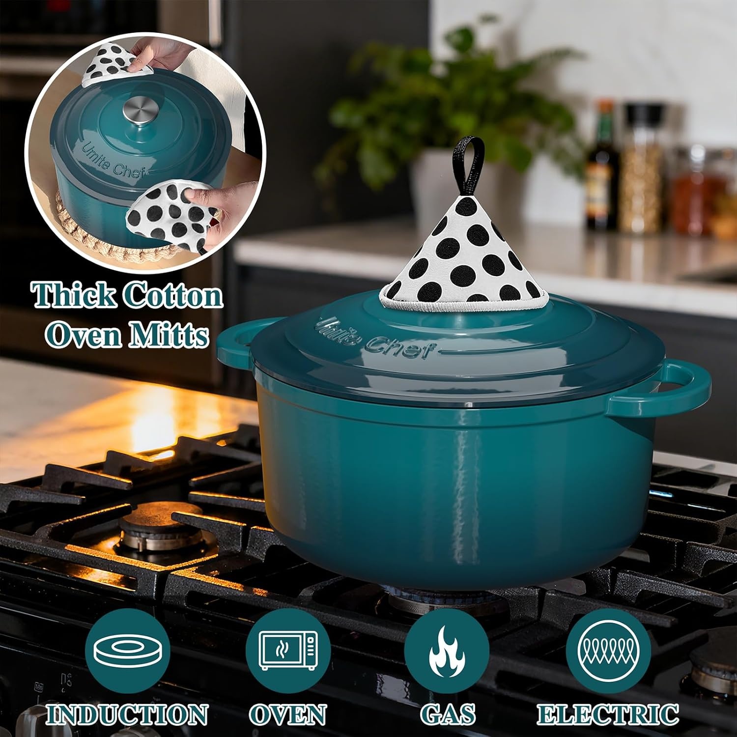 image:imageEnameled Cast Iron Dutch Oven Umite Chef 5QT Pot with Lid amp Cotton Potholders HeavyDuty Cookware for Bread Baking Braising Stews RoastingCream WhiteEmerald