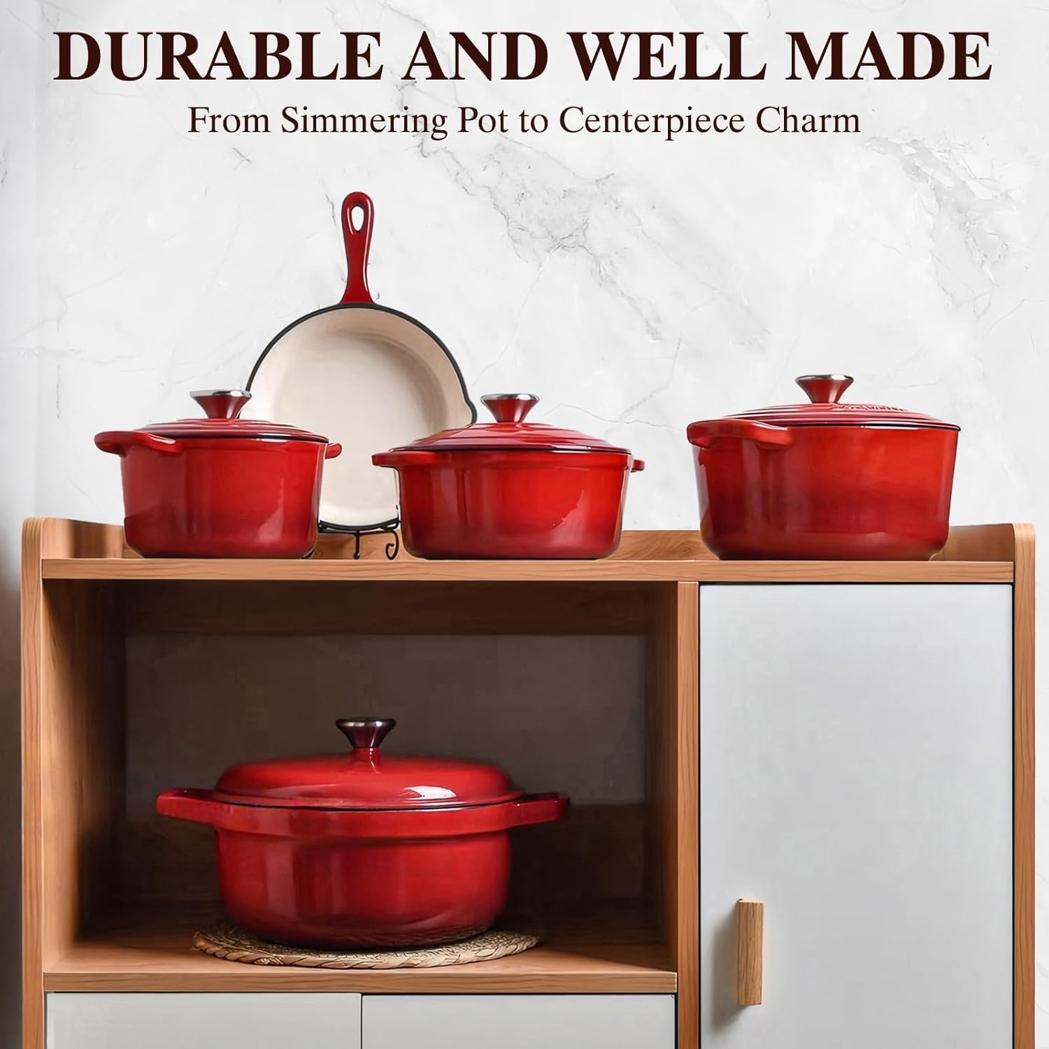 image:imageEnameled Cast Iron Dutch Oven Umite Chef 5QT Pot with Lid amp Cotton Potholders HeavyDuty Cookware for Bread Baking Braising Stews RoastingCream WhiteRed