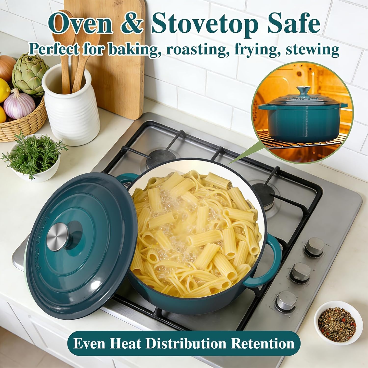 image:imageEnameled Cast Iron Dutch Oven Umite Chef 5QT Pot with Lid amp Cotton Potholders HeavyDuty Cookware for Bread Baking Braising Stews RoastingCream WhiteEmerald