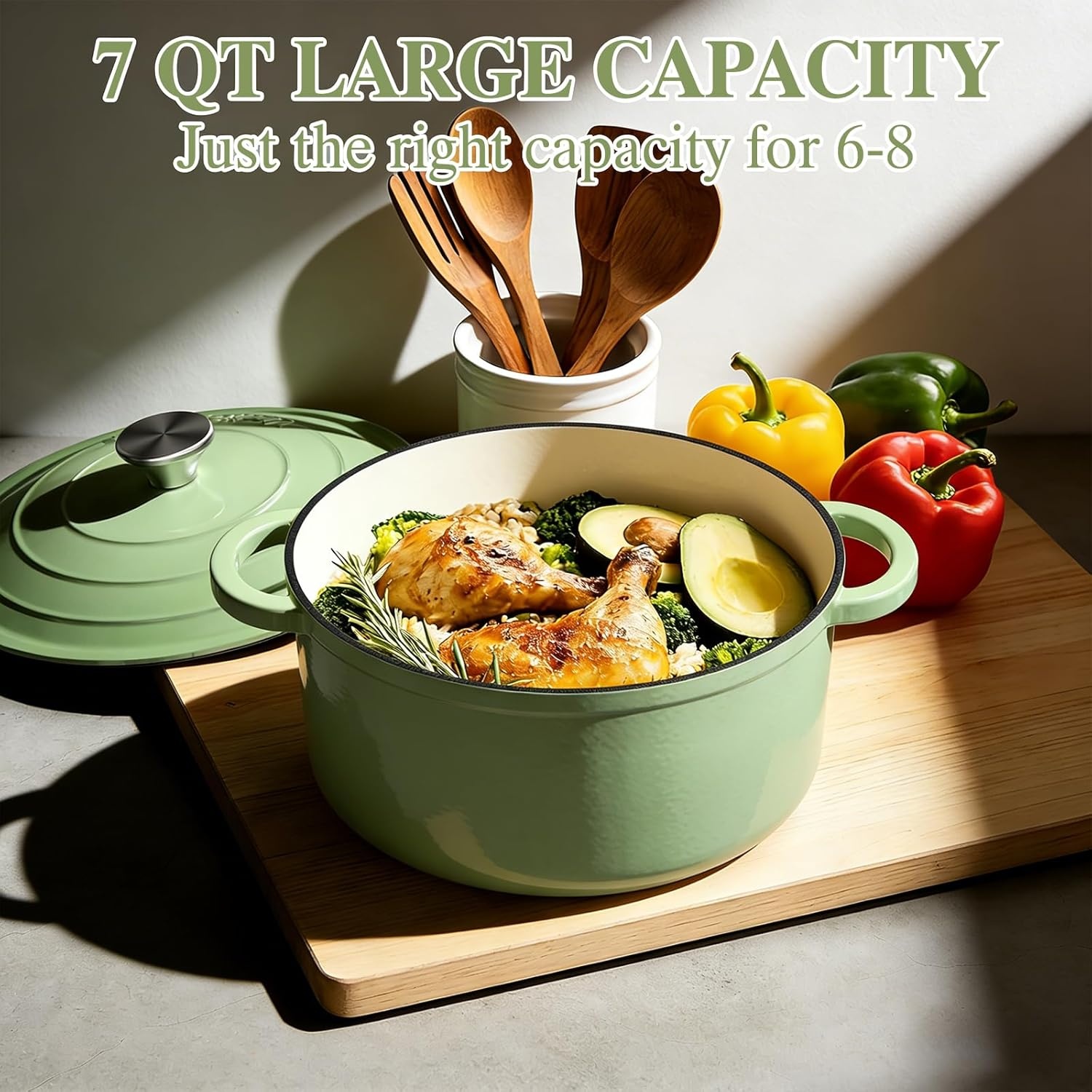 image:imageEnameled Cast Iron Dutch Oven Umite Chef 5QT Pot with Lid amp Cotton Potholders HeavyDuty Cookware for Bread Baking Braising Stews RoastingCream WhiteSage Green