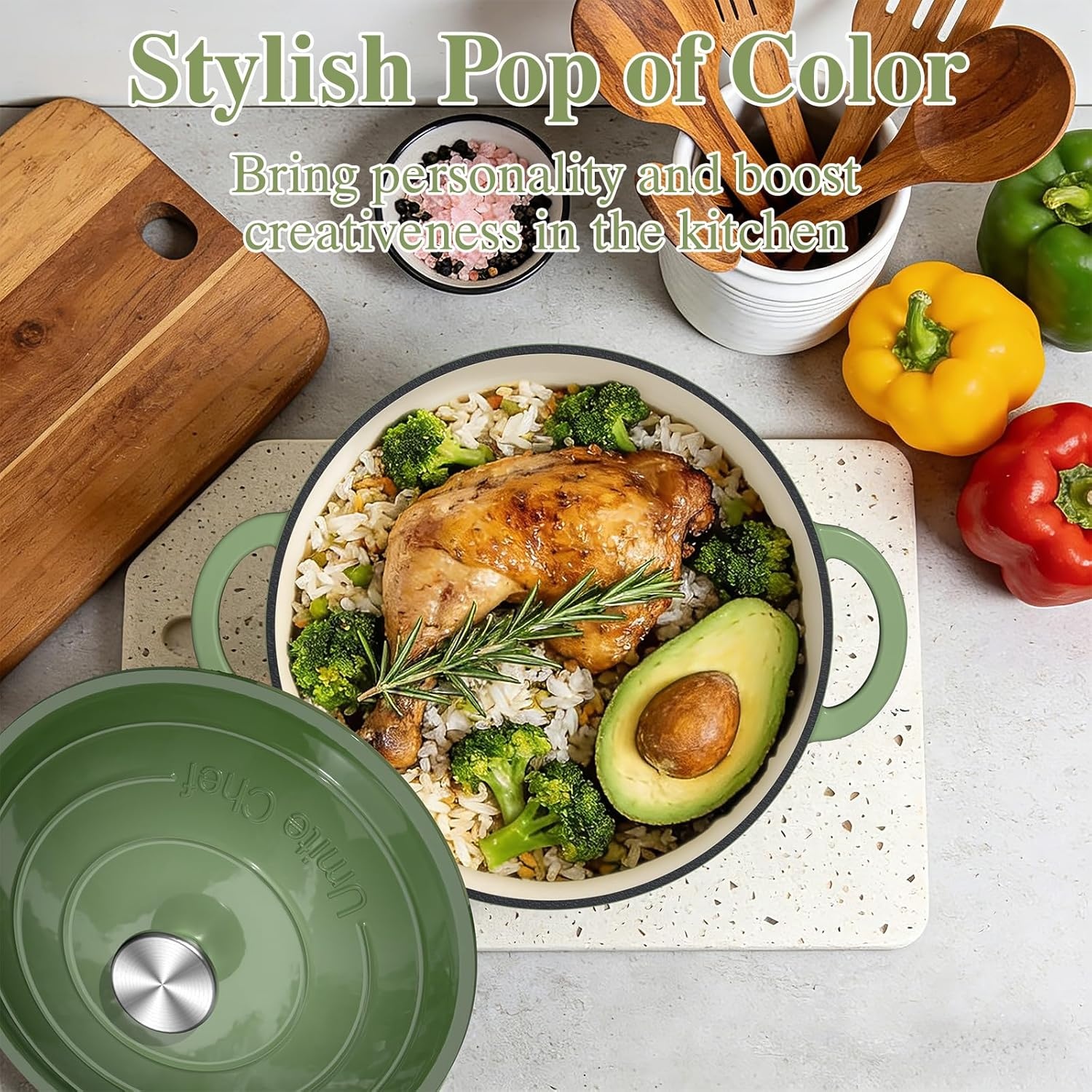 image:imageEnameled Cast Iron Dutch Oven Umite Chef 5QT Pot with Lid amp Cotton Potholders HeavyDuty Cookware for Bread Baking Braising Stews RoastingCream WhiteSage Green