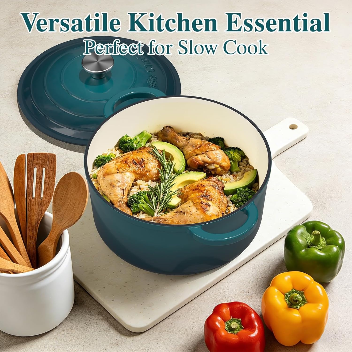 image:imageEnameled Cast Iron Dutch Oven Umite Chef 5QT Pot with Lid amp Cotton Potholders HeavyDuty Cookware for Bread Baking Braising Stews RoastingCream WhiteEmerald