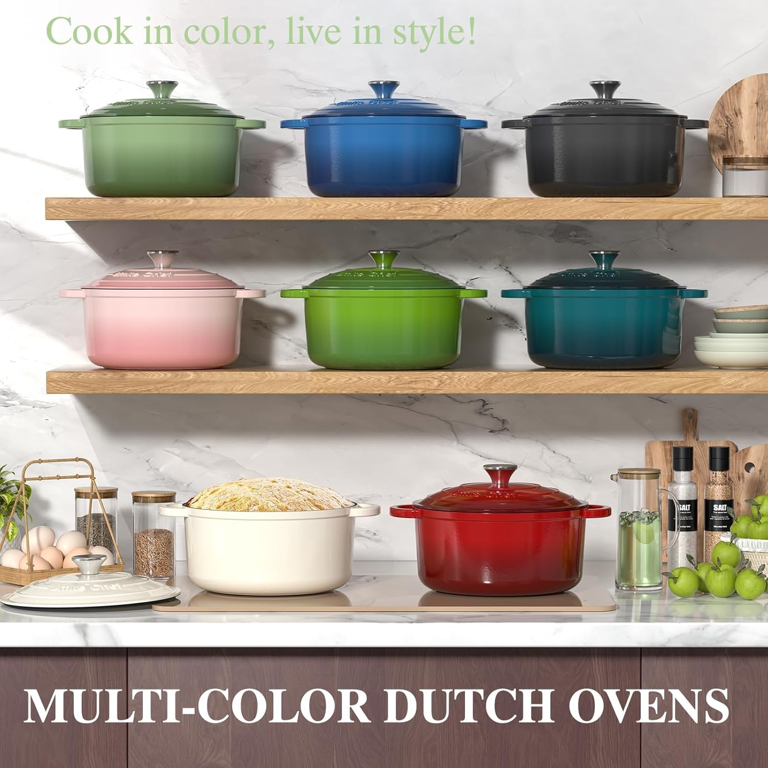 image:imageEnameled Cast Iron Dutch Oven Umite Chef 5QT Pot with Lid amp Cotton Potholders HeavyDuty Cookware for Bread Baking Braising Stews RoastingCream WhiteSage Green