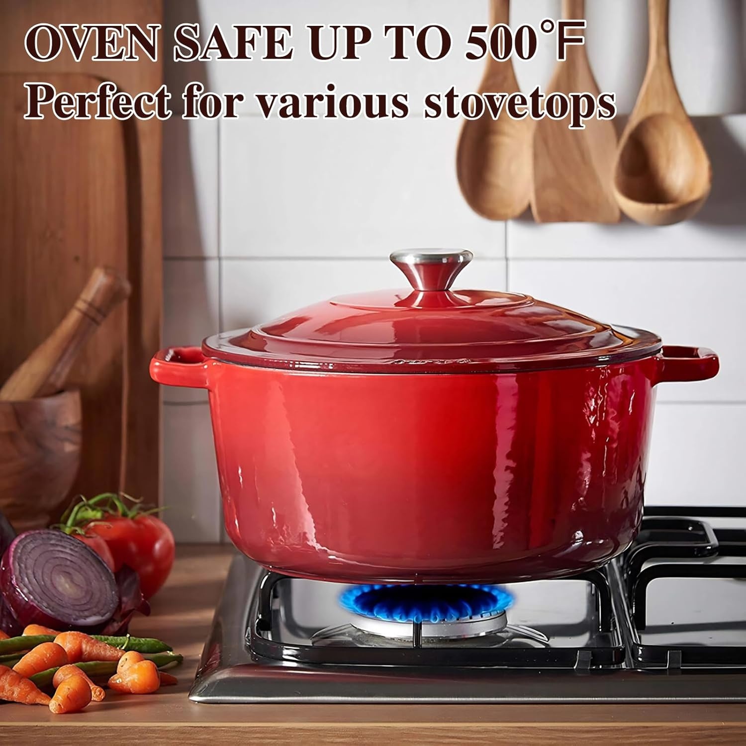 image:imageEnameled Cast Iron Dutch Oven Umite Chef 5QT Pot with Lid amp Cotton Potholders HeavyDuty Cookware for Bread Baking Braising Stews RoastingCream WhiteRed