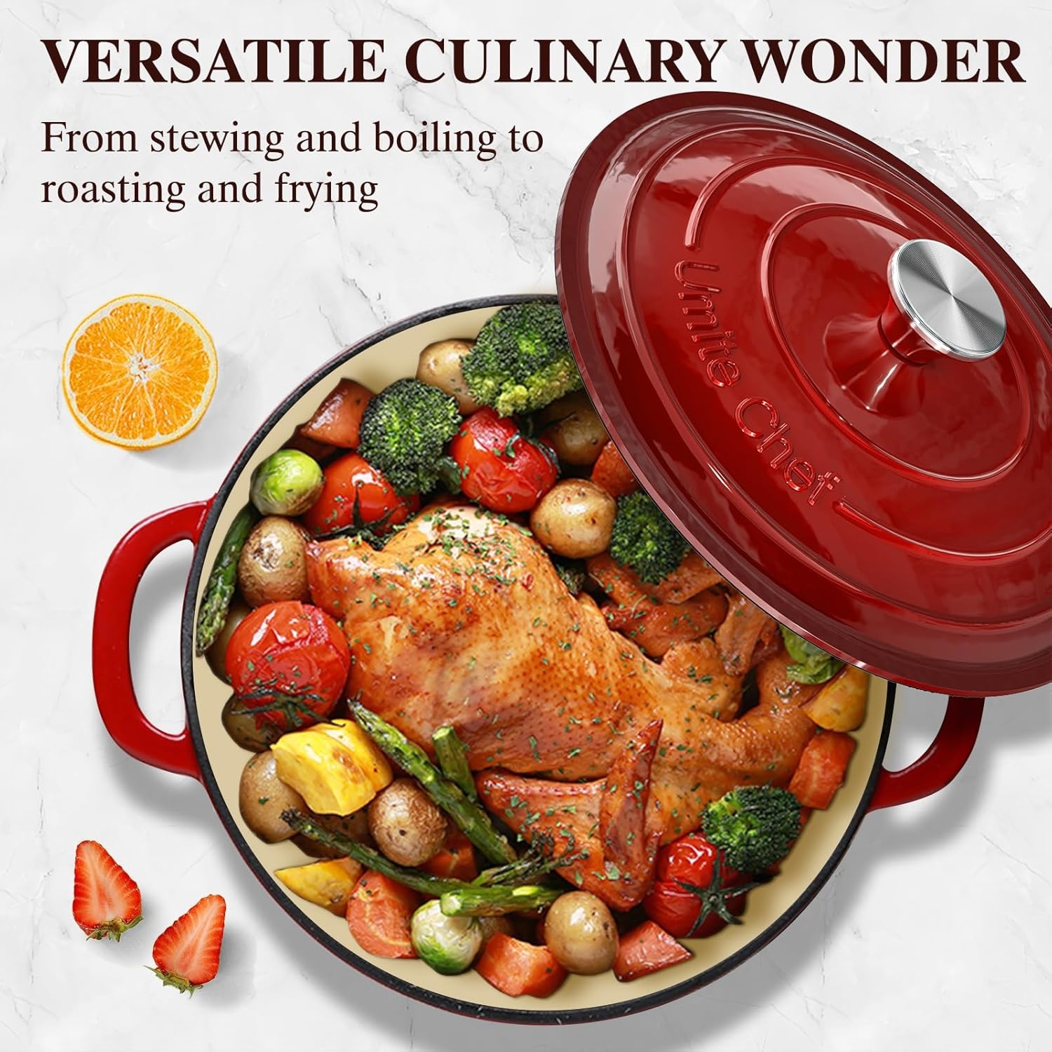 image:imageEnameled Cast Iron Dutch Oven Umite Chef 5QT Pot with Lid amp Cotton Potholders HeavyDuty Cookware for Bread Baking Braising Stews RoastingCream WhiteRed