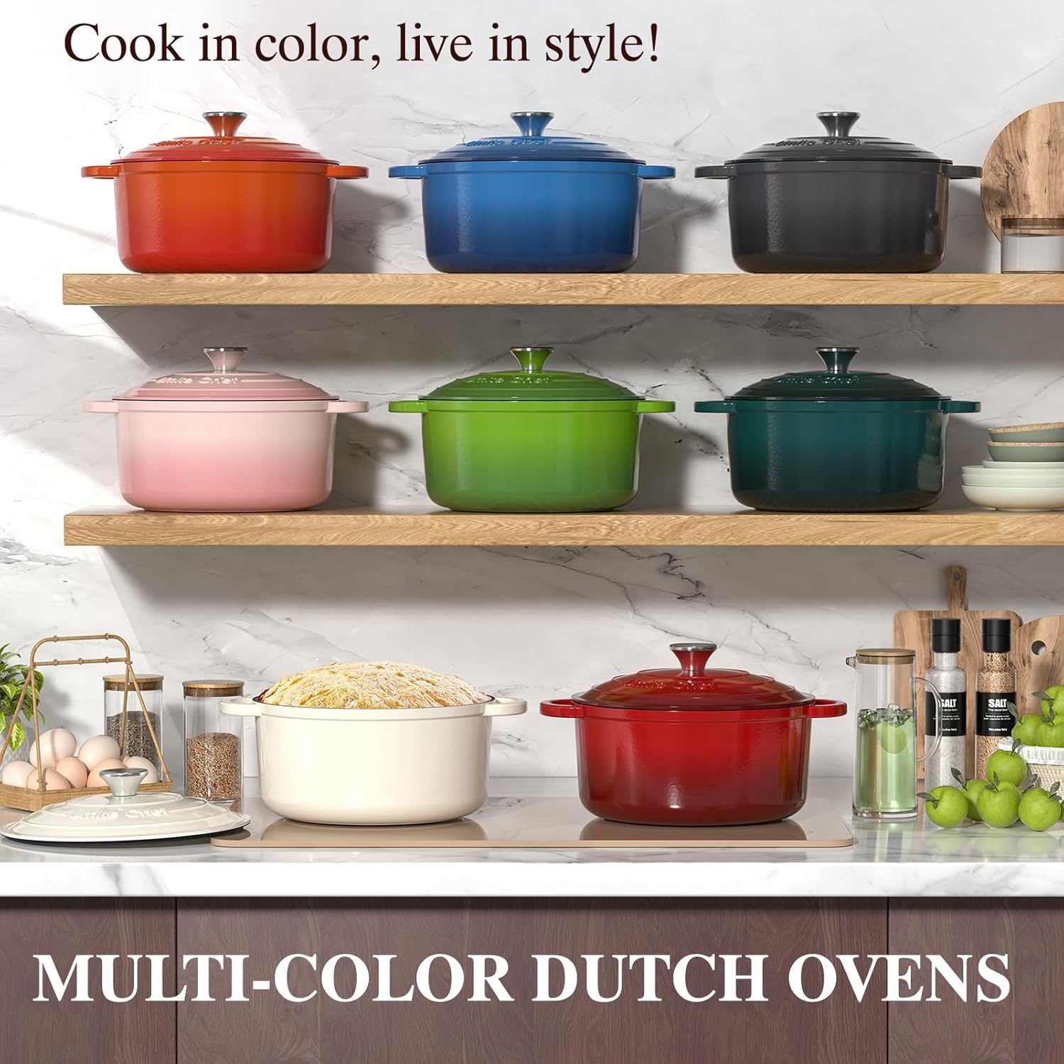 image:imageEnameled Cast Iron Dutch Oven Umite Chef 5QT Pot with Lid amp Cotton Potholders HeavyDuty Cookware for Bread Baking Braising Stews RoastingCream WhiteRed