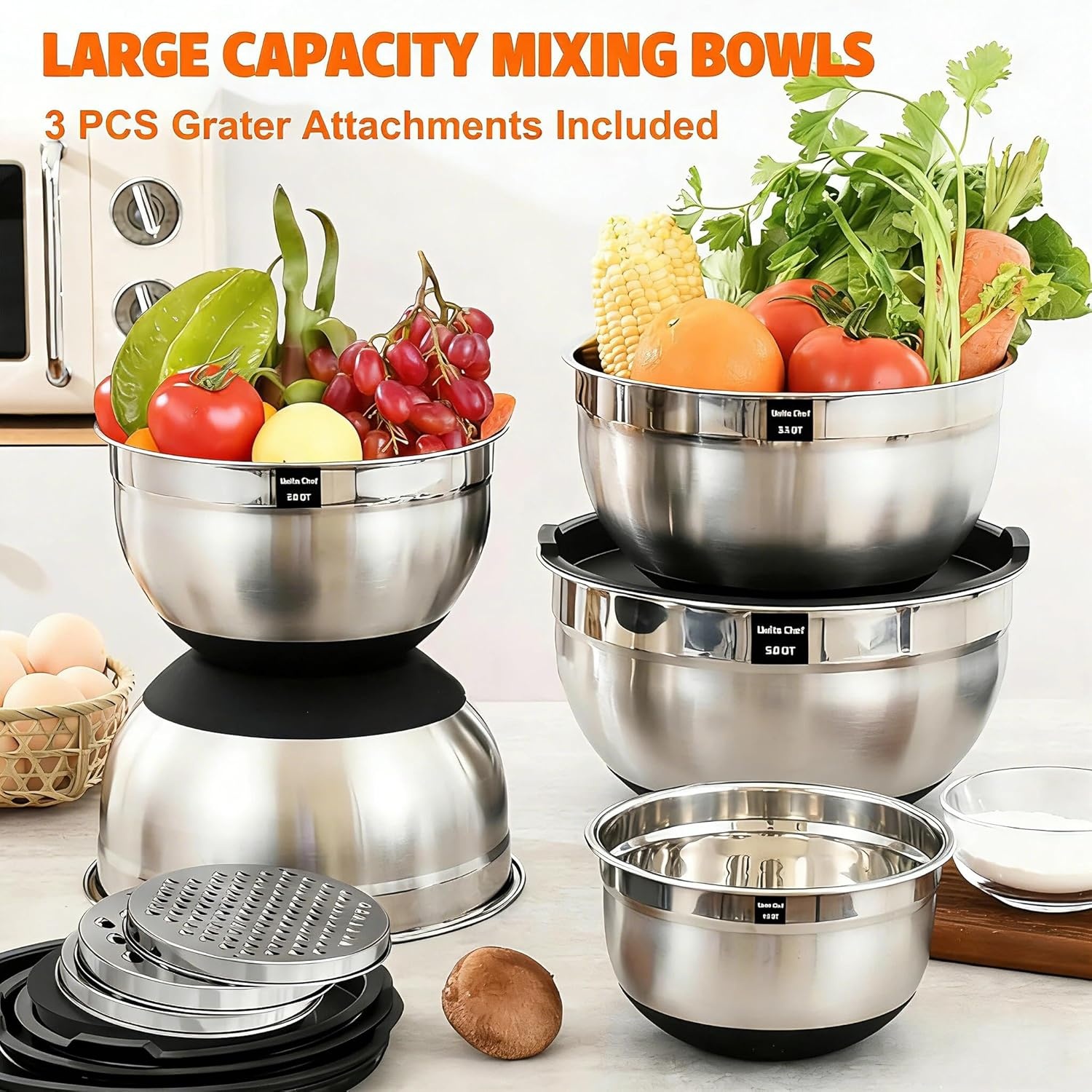 image:imageMixing Bowls with Airtight Lids Set 26PCS Stainless Steel Khaki Bowls with Grater Attachments NonSlip Bottoms amp Kitchen Gadgets Set Size 7 4 25 2015 1QT Great for Mixing amp ServingCarbon Black