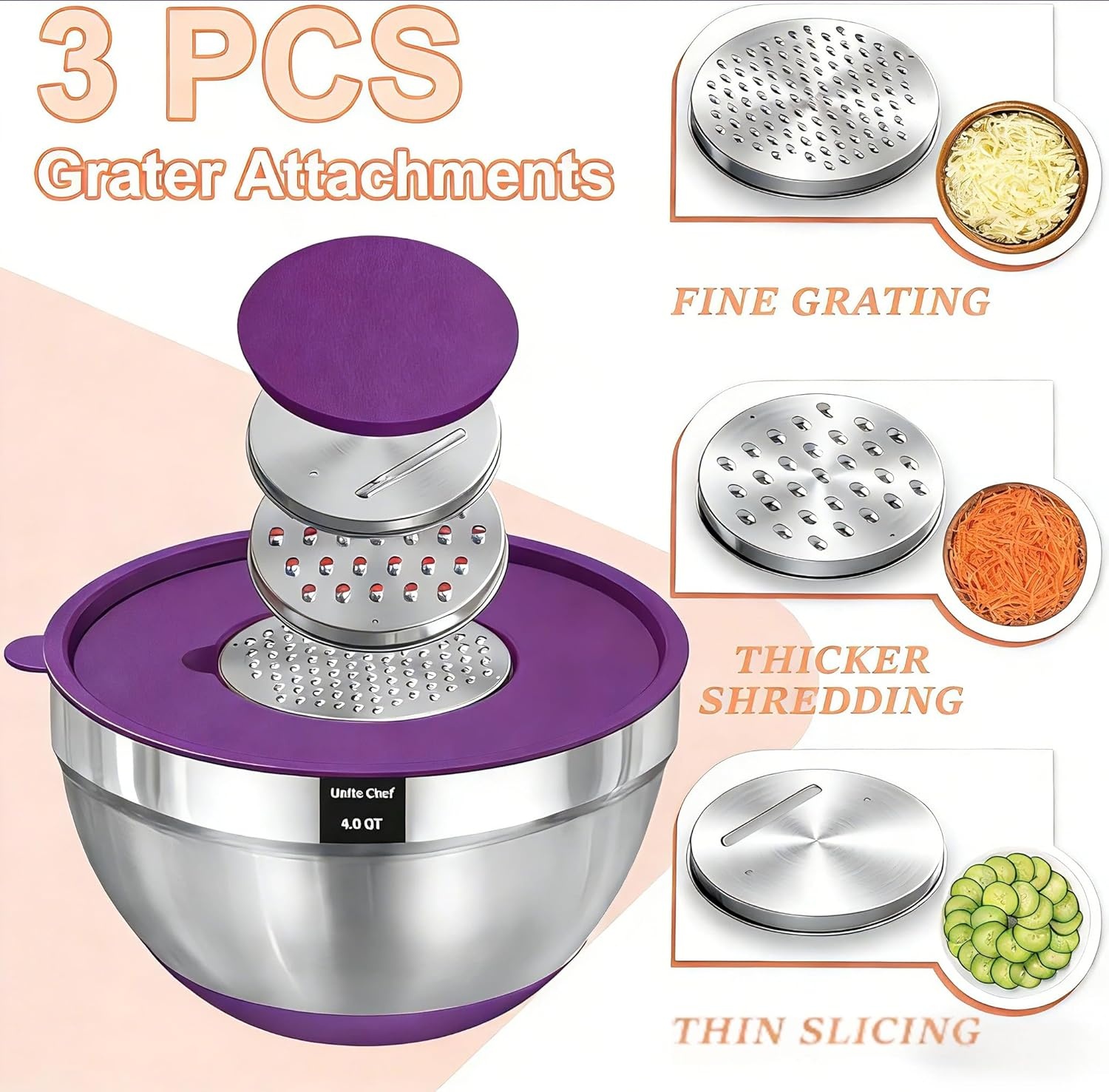 image:imageMixing Bowls with Airtight Lids Set 26PCS Stainless Steel Khaki Bowls with Grater Attachments NonSlip Bottoms amp Kitchen Gadgets Set Size 7 4 25 2015 1QT Great for Mixing amp ServingColorful