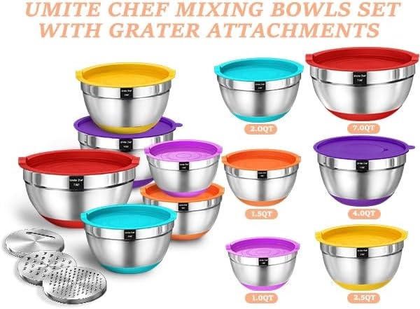 image:imageMixing Bowls with Airtight Lids Set 26PCS Stainless Steel Khaki Bowls with Grater Attachments NonSlip Bottoms amp Kitchen Gadgets Set Size 7 4 25 2015 1QT Great for Mixing amp ServingColorful