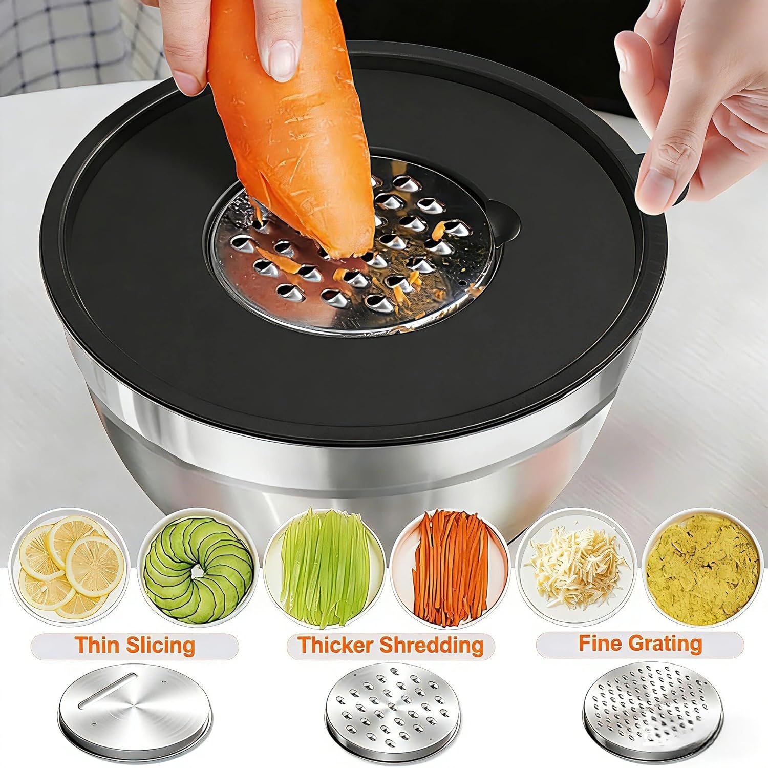 image:imageMixing Bowls with Airtight Lids Set 26PCS Stainless Steel Khaki Bowls with Grater Attachments NonSlip Bottoms amp Kitchen Gadgets Set Size 7 4 25 2015 1QT Great for Mixing amp ServingCarbon Black