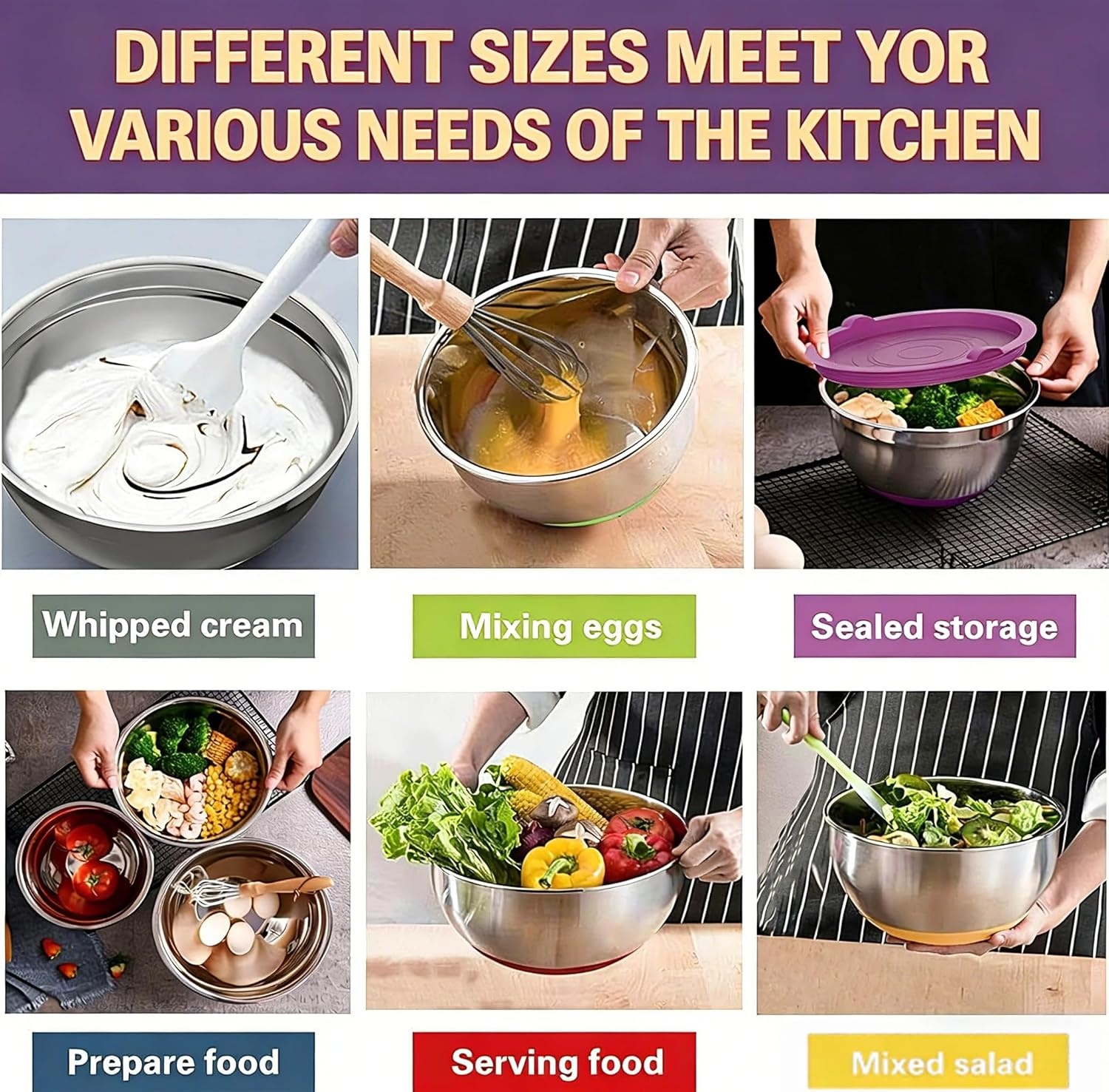 image:imageMixing Bowls with Airtight Lids Set 26PCS Stainless Steel Khaki Bowls with Grater Attachments NonSlip Bottoms amp Kitchen Gadgets Set Size 7 4 25 2015 1QT Great for Mixing amp ServingColorful