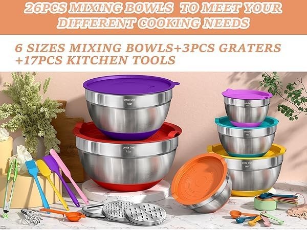 image:imageMixing Bowls with Airtight Lids Set 26PCS Stainless Steel Khaki Bowls with Grater Attachments NonSlip Bottoms amp Kitchen Gadgets Set Size 7 4 25 2015 1QT Great for Mixing amp ServingColorful