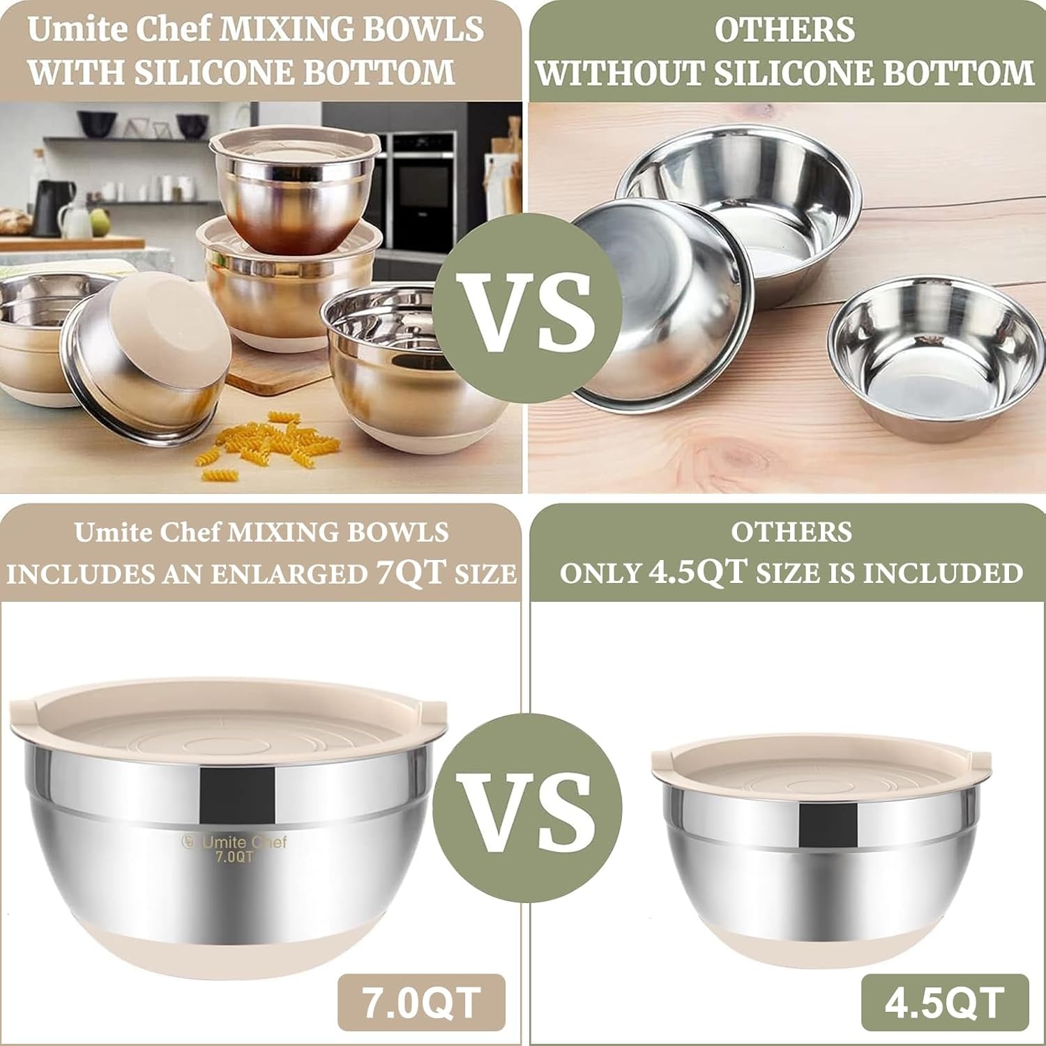 image:imageUmite Chef Mixing Bowls with Airtight Lids 6 piece Stainless Steel Metal Nesting Storage Bowls NonSlip Bottoms Size 7 35 25 2015 1QT Great for Mixing amp Serving KhakiKhaki