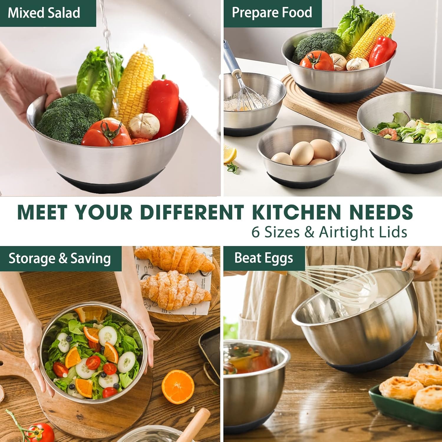 image:imageUmite Chef Mixing Bowls with Airtight Lids 6 piece Stainless Steel Metal Nesting Storage Bowls NonSlip Bottoms Size 7 35 25 2015 1QT Great for Mixing amp Serving KhakiBlack