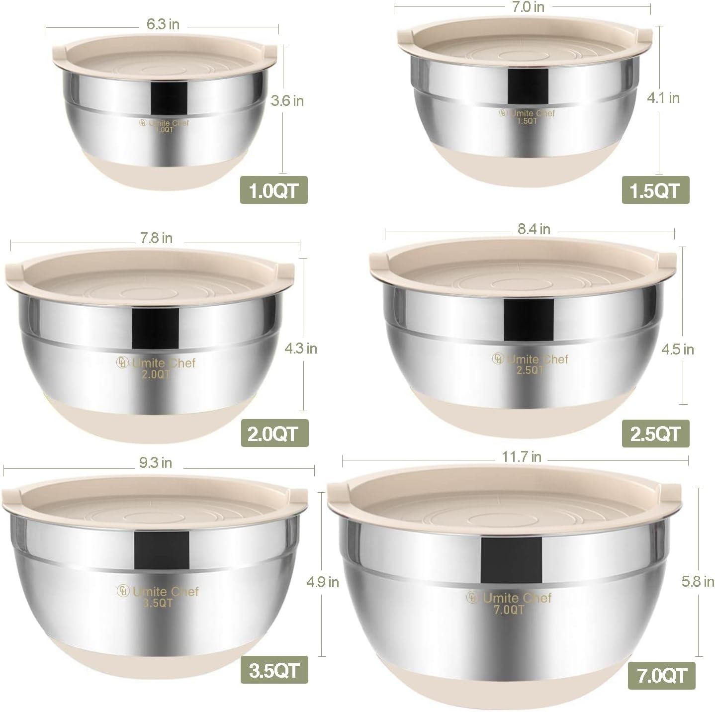 image:imageUmite Chef Mixing Bowls with Airtight Lids 6 piece Stainless Steel Metal Nesting Storage Bowls NonSlip Bottoms Size 7 35 25 2015 1QT Great for Mixing amp Serving KhakiKhaki