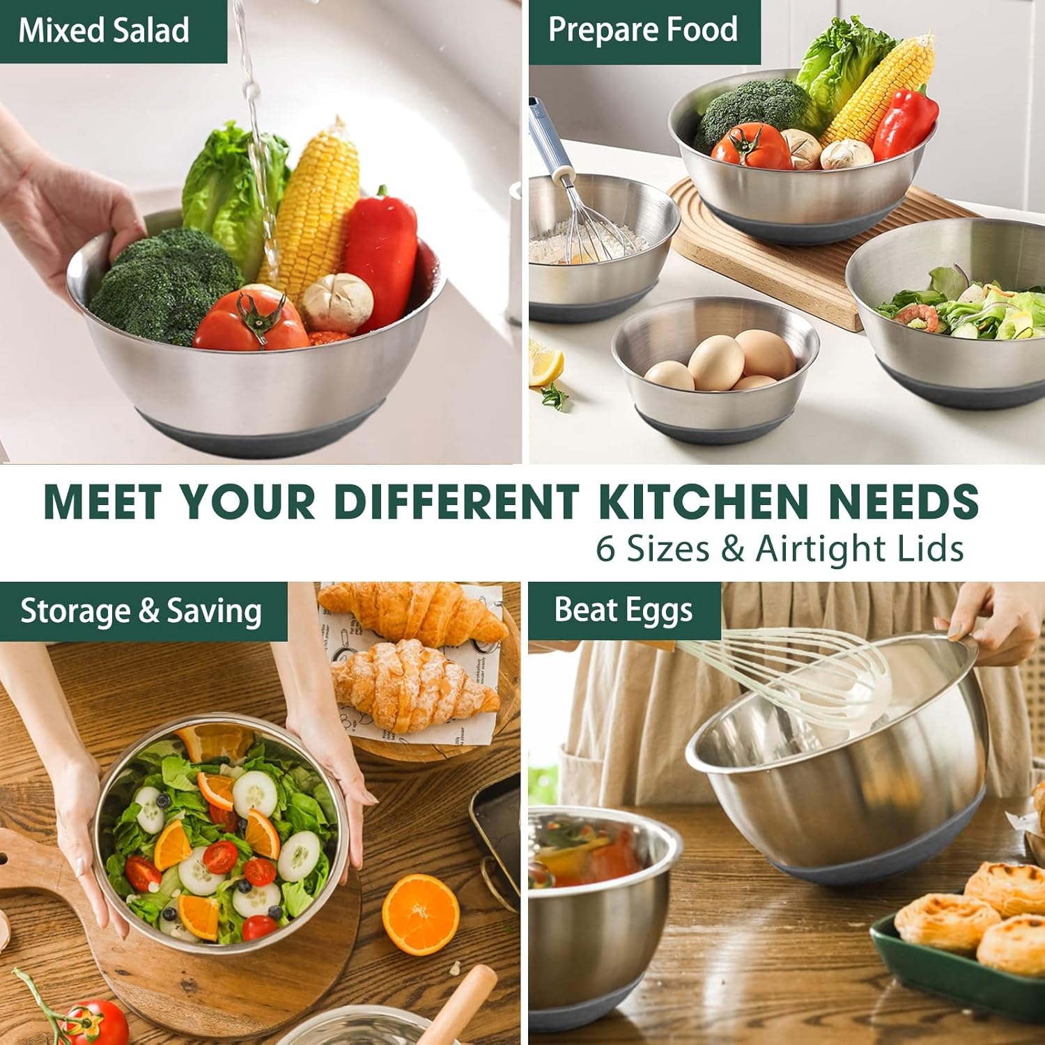 image:imageUmite Chef Mixing Bowls with Airtight Lids 6 piece Stainless Steel Metal Nesting Storage Bowls NonSlip Bottoms Size 7 35 25 2015 1QT Great for Mixing amp Serving KhakiGray