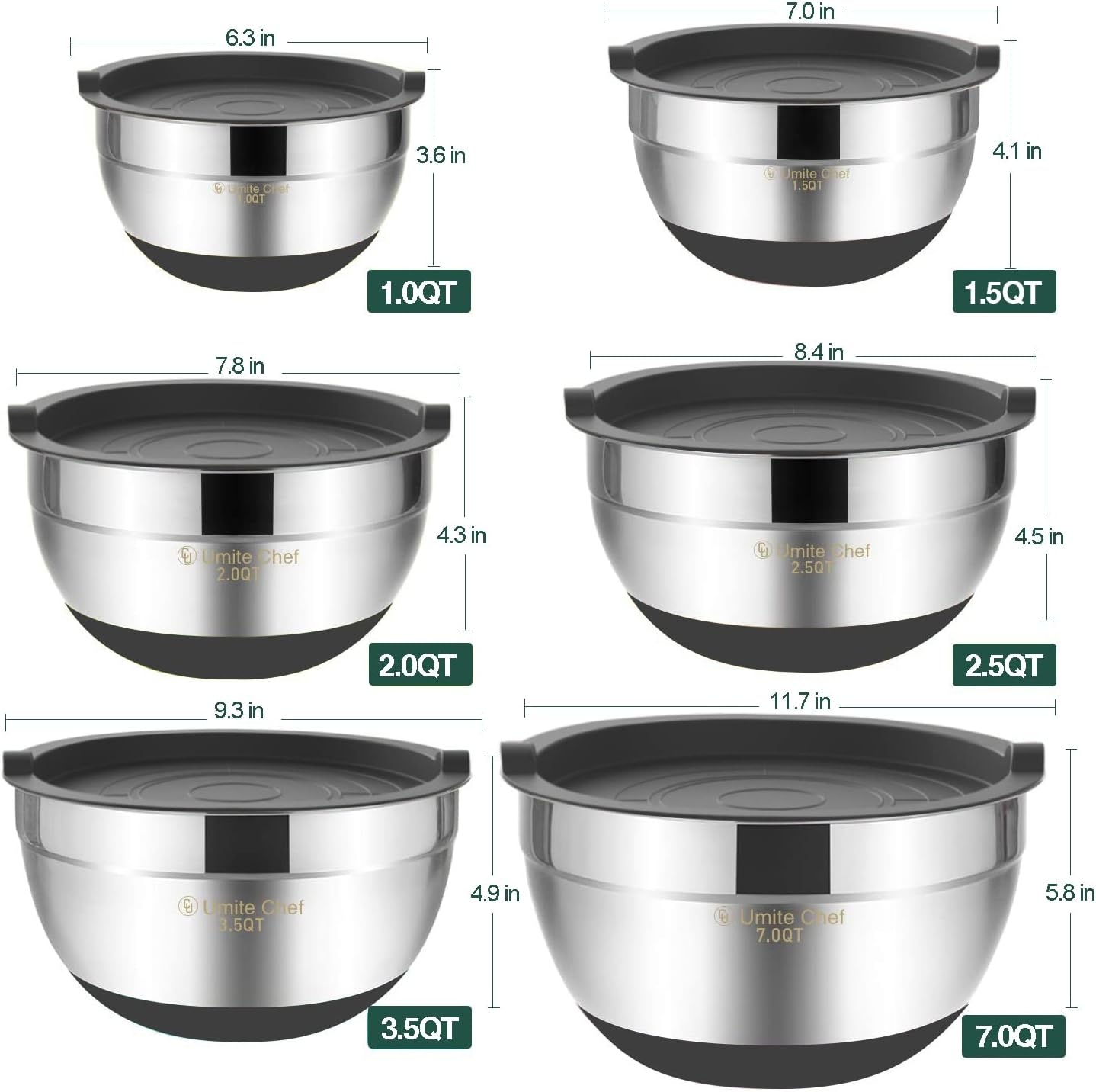 image:imageUmite Chef Mixing Bowls with Airtight Lids 6 piece Stainless Steel Metal Nesting Storage Bowls NonSlip Bottoms Size 7 35 25 2015 1QT Great for Mixing amp Serving KhakiGray