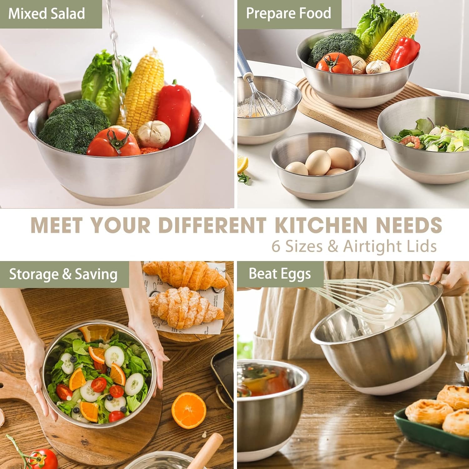 image:imageUmite Chef Mixing Bowls with Airtight Lids 6 piece Stainless Steel Metal Nesting Storage Bowls NonSlip Bottoms Size 7 35 25 2015 1QT Great for Mixing amp Serving KhakiKhaki