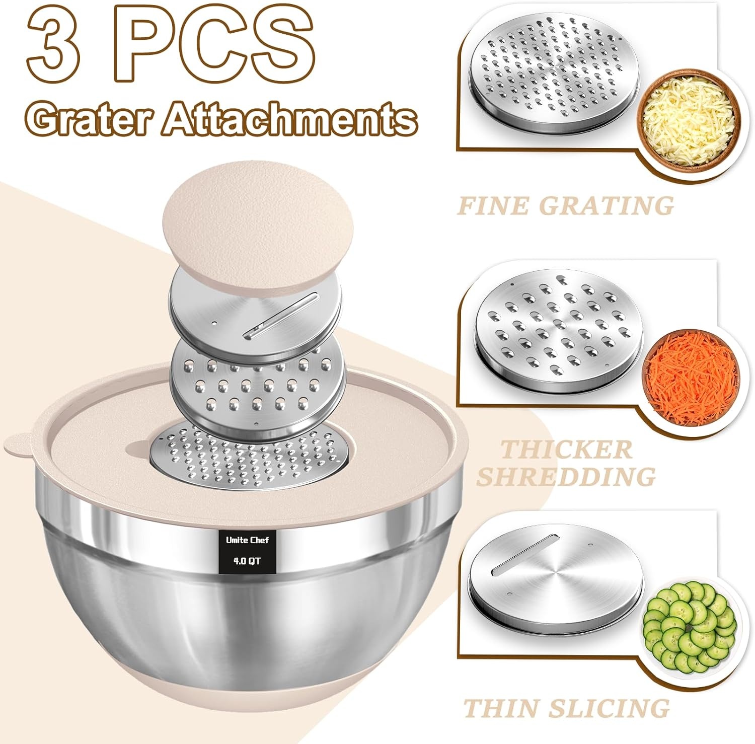 image:imageUmite Chef Mixing Bowls with Airtight Lids Set 8PCS Stainless Steel Nesting Bowls with Grater Attachments NonSlip Bottoms 5 4 35 2 15QT for Mixing amp ServingKhaki