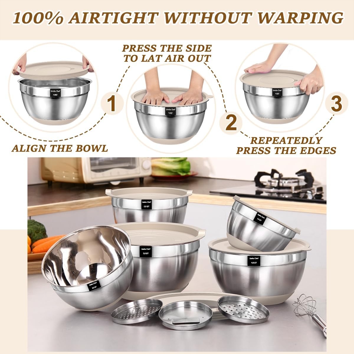 image:imageUmite Chef Mixing Bowls with Airtight Lids Set 8PCS Stainless Steel Nesting Bowls with Grater Attachments NonSlip Bottoms 5 4 35 2 15QT for Mixing amp ServingKhaki