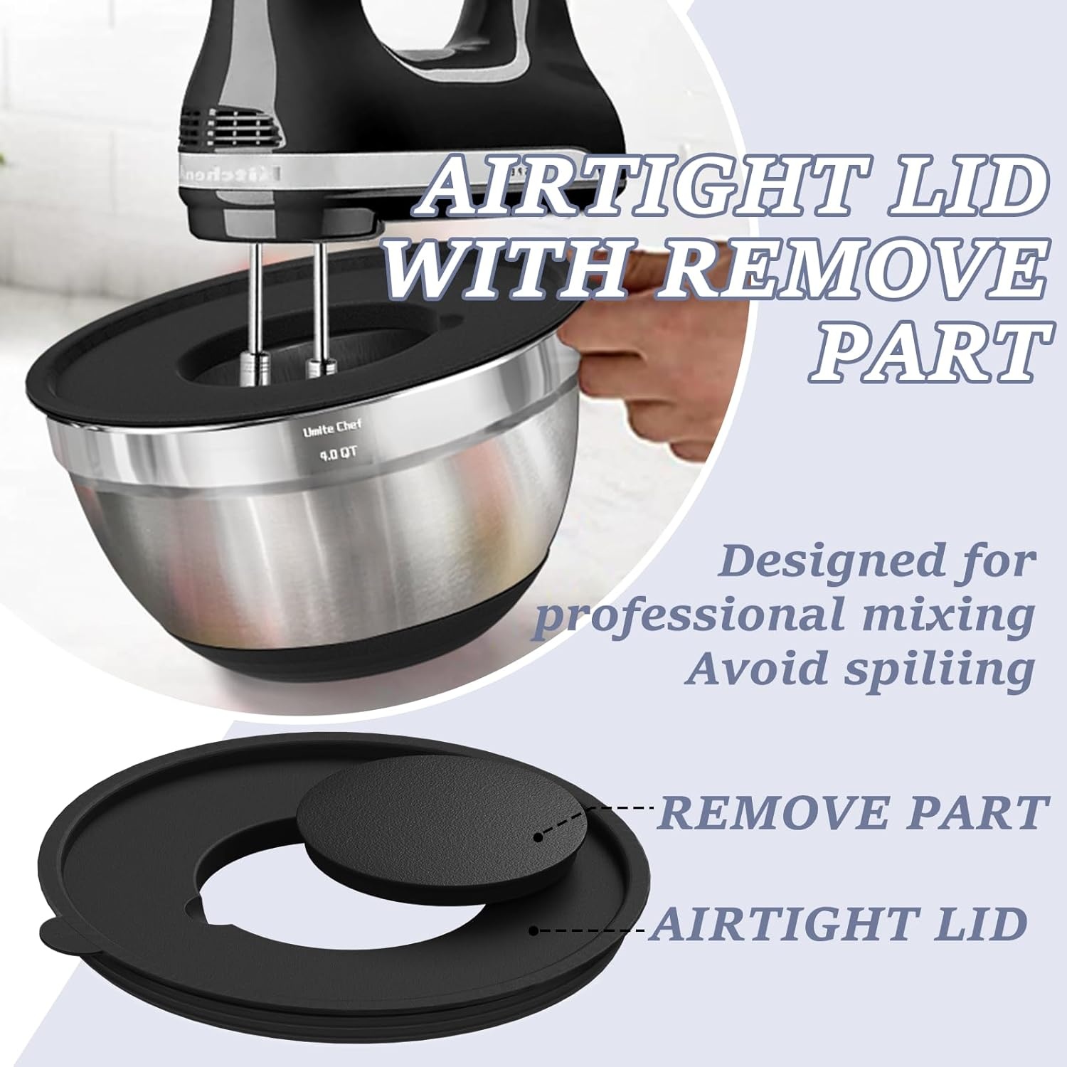 image:imageUmite Chef Mixing Bowls with Airtight Lids Set 8PCS Stainless Steel Nesting Bowls with Grater Attachments NonSlip Bottoms 5 4 35 2 15QT for Mixing amp ServingBlack