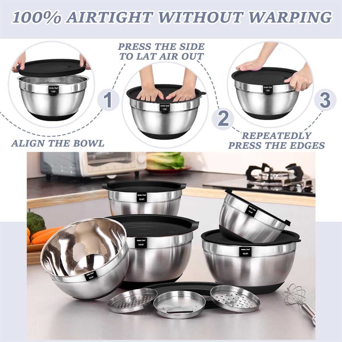 image:imageUmite Chef Mixing Bowls with Airtight Lids Set 8PCS Stainless Steel Nesting Bowls with Grater Attachments NonSlip Bottoms 5 4 35 2 15QT for Mixing amp ServingBlack