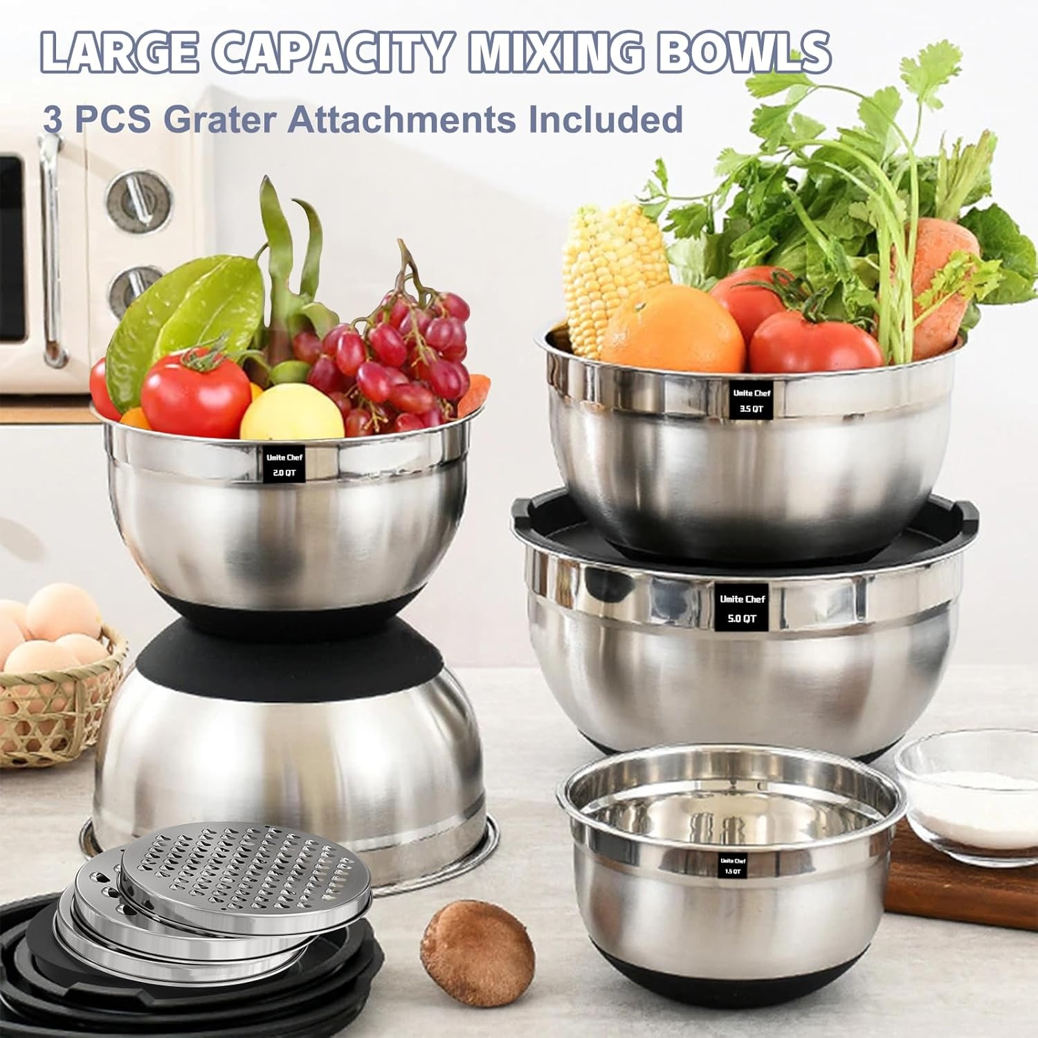 image:imageUmite Chef Mixing Bowls with Airtight Lids Set 8PCS Stainless Steel Nesting Bowls with Grater Attachments NonSlip Bottoms 5 4 35 2 15QT for Mixing amp ServingBlack