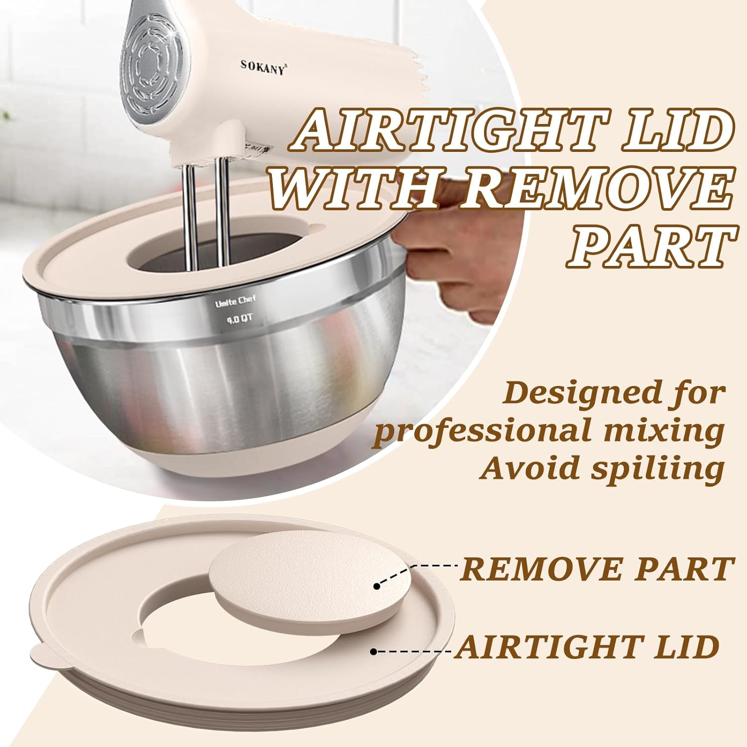 image:imageUmite Chef Mixing Bowls with Airtight Lids Set 8PCS Stainless Steel Nesting Bowls with Grater Attachments NonSlip Bottoms 5 4 35 2 15QT for Mixing amp ServingKhaki
