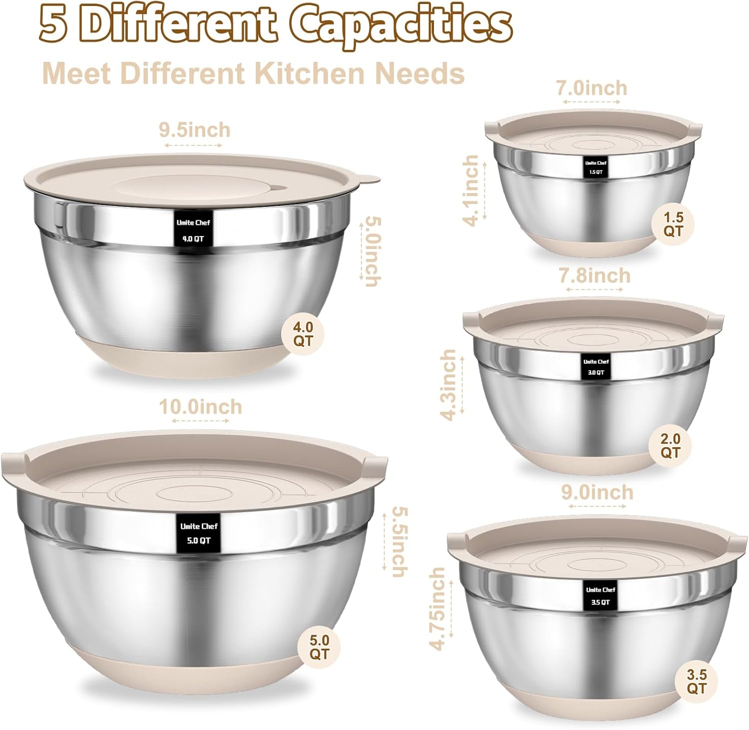 image:imageUmite Chef Mixing Bowls with Airtight Lids Set 8PCS Stainless Steel Nesting Bowls with Grater Attachments NonSlip Bottoms 5 4 35 2 15QT for Mixing amp ServingKhaki