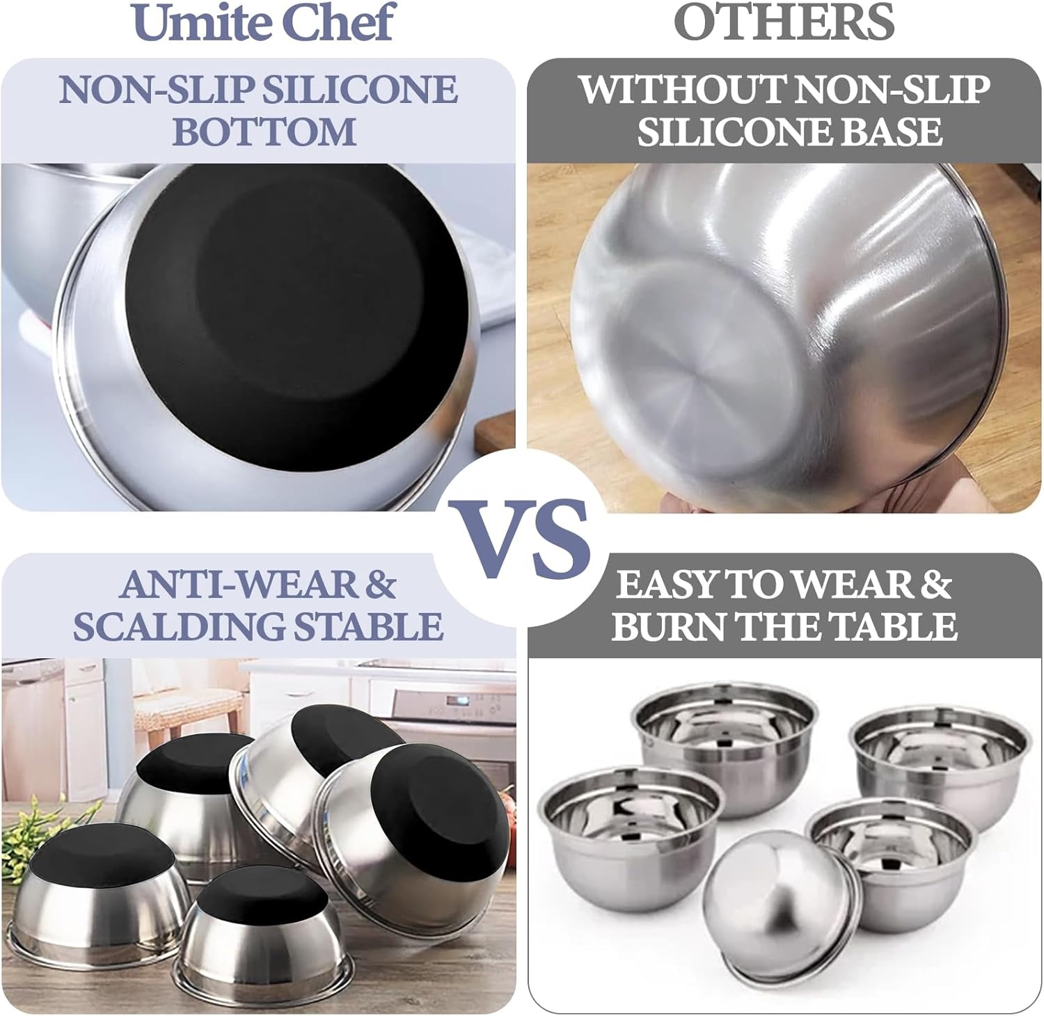 image:imageUmite Chef Mixing Bowls with Airtight Lids Set 8PCS Stainless Steel Nesting Bowls with Grater Attachments NonSlip Bottoms 5 4 35 2 15QT for Mixing amp ServingBlack