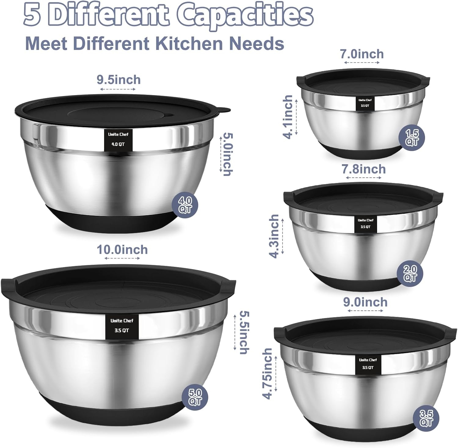 image:imageUmite Chef Mixing Bowls with Airtight Lids Set 8PCS Stainless Steel Nesting Bowls with Grater Attachments NonSlip Bottoms 5 4 35 2 15QT for Mixing amp ServingBlack