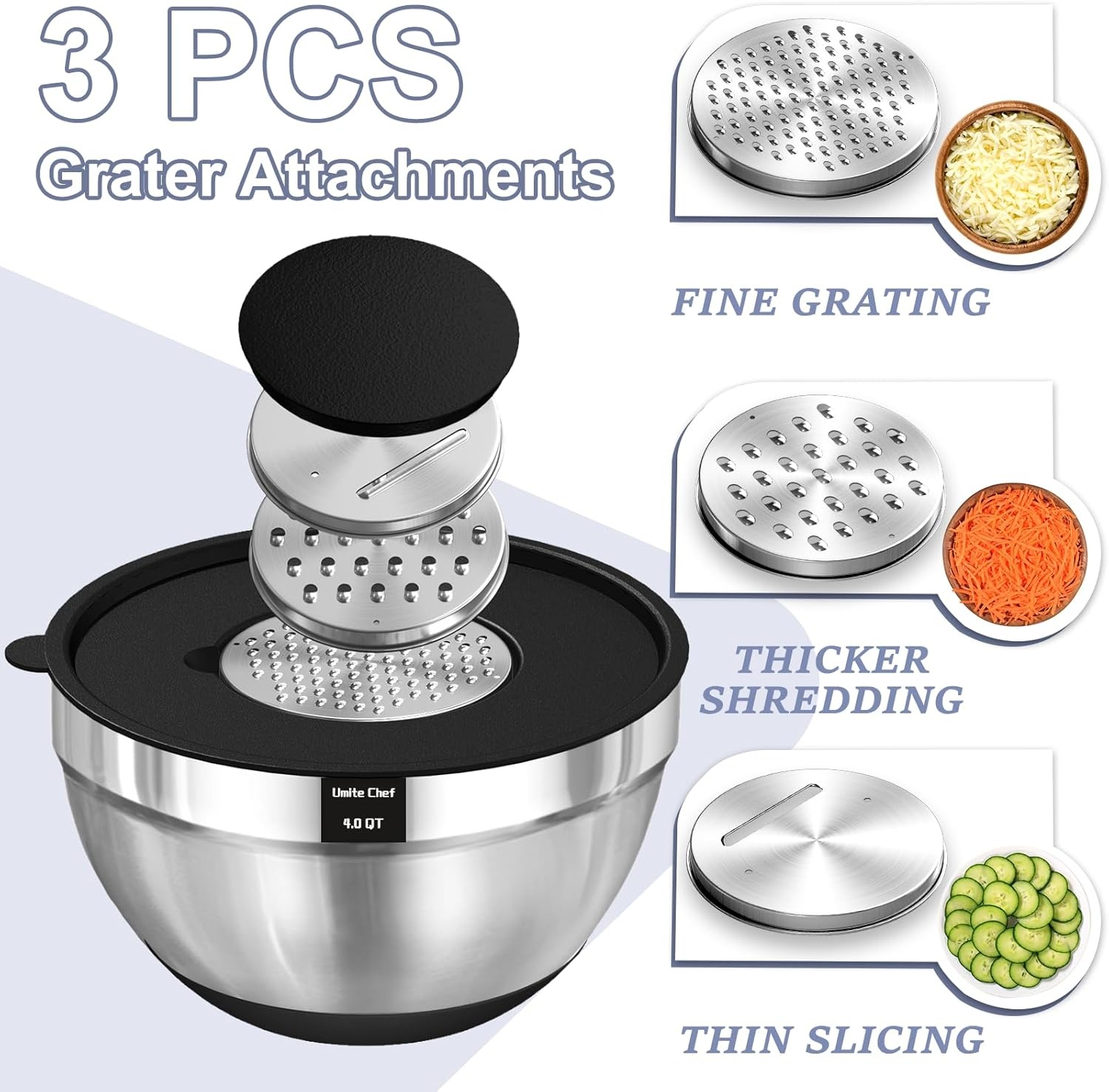 image:imageUmite Chef Mixing Bowls with Airtight Lids Set 8PCS Stainless Steel Nesting Bowls with Grater Attachments NonSlip Bottoms 5 4 35 2 15QT for Mixing amp ServingBlack