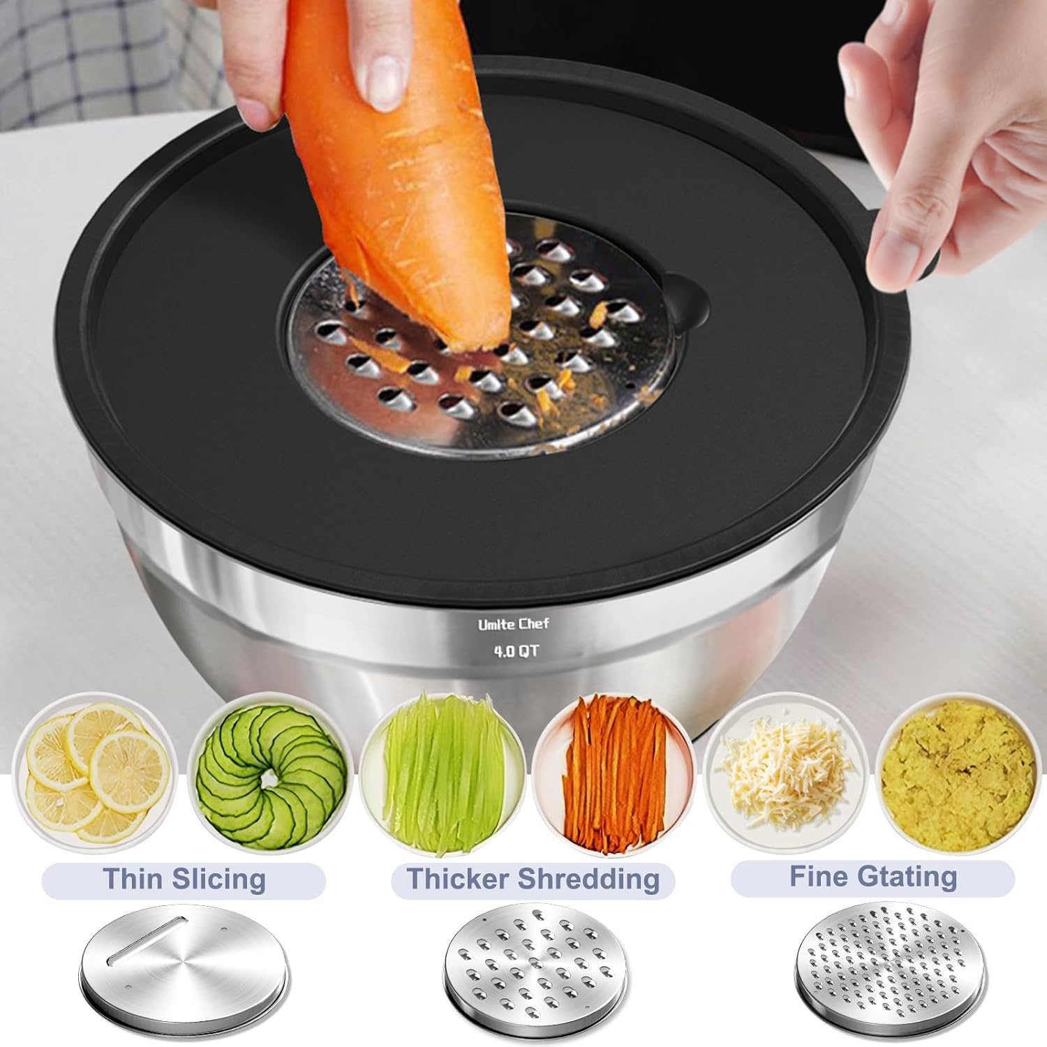 image:imageUmite Chef Mixing Bowls with Airtight Lids Set 8PCS Stainless Steel Nesting Bowls with Grater Attachments NonSlip Bottoms 5 4 35 2 15QT for Mixing amp ServingBlack