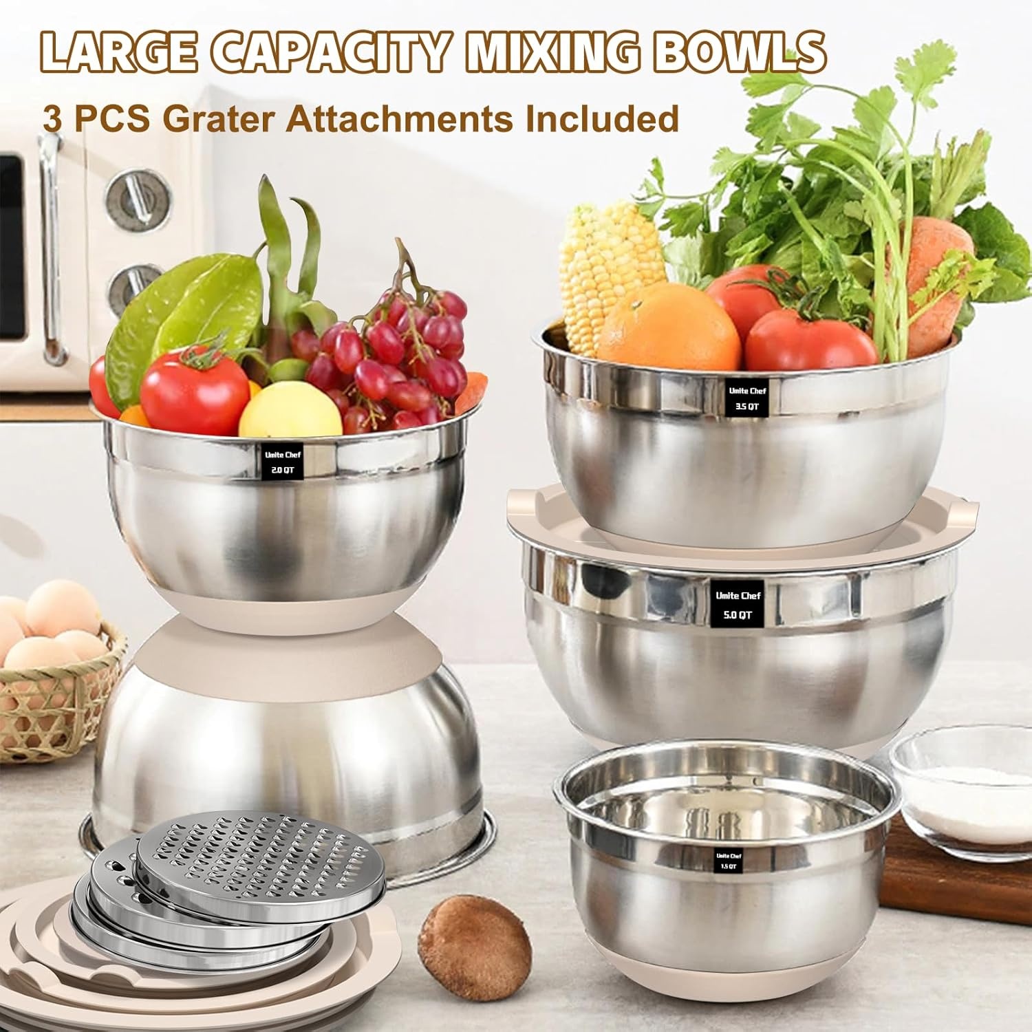 image:imageUmite Chef Mixing Bowls with Airtight Lids Set 8PCS Stainless Steel Nesting Bowls with Grater Attachments NonSlip Bottoms 5 4 35 2 15QT for Mixing amp ServingKhaki