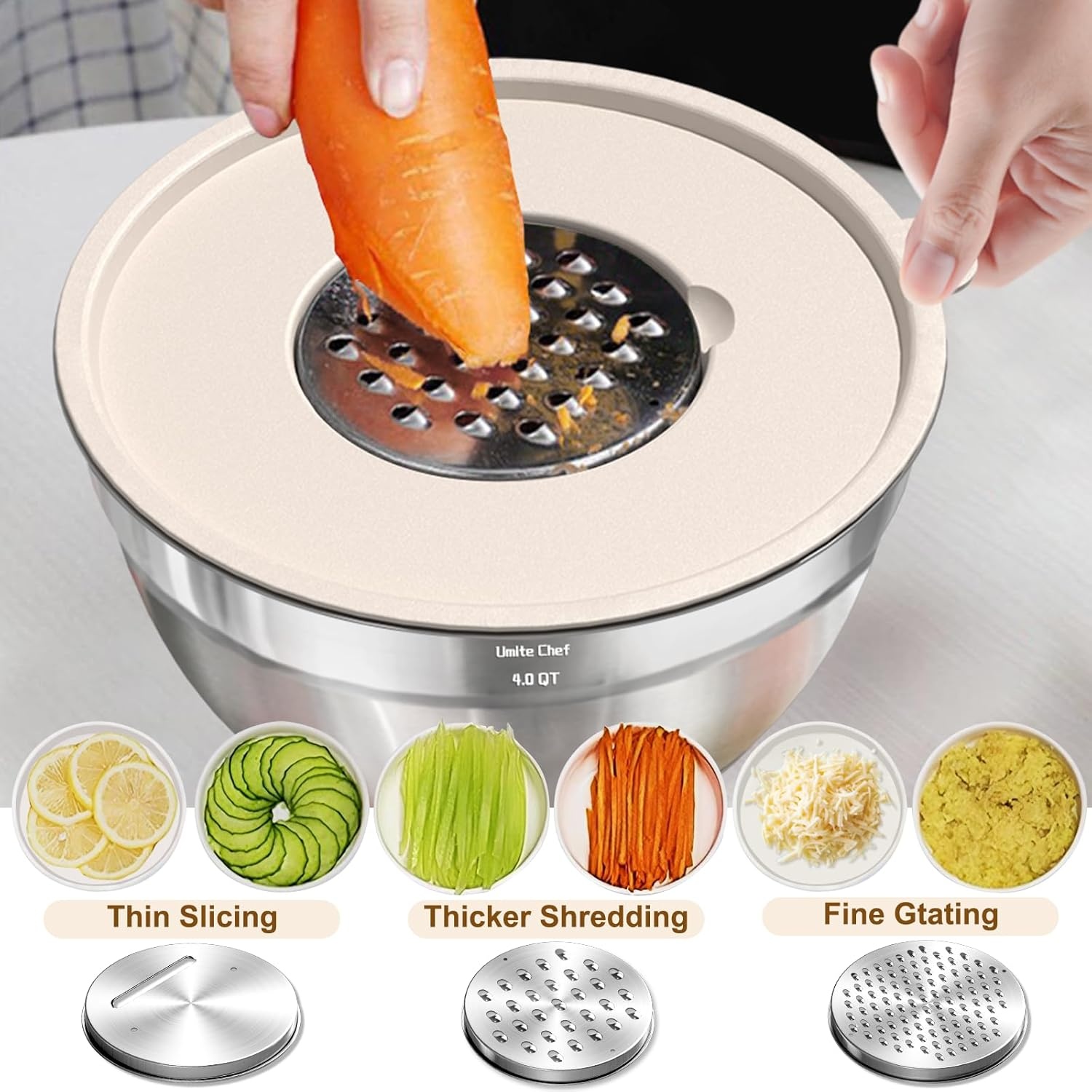 image:imageUmite Chef Mixing Bowls with Airtight Lids Set 8PCS Stainless Steel Nesting Bowls with Grater Attachments NonSlip Bottoms 5 4 35 2 15QT for Mixing amp ServingKhaki