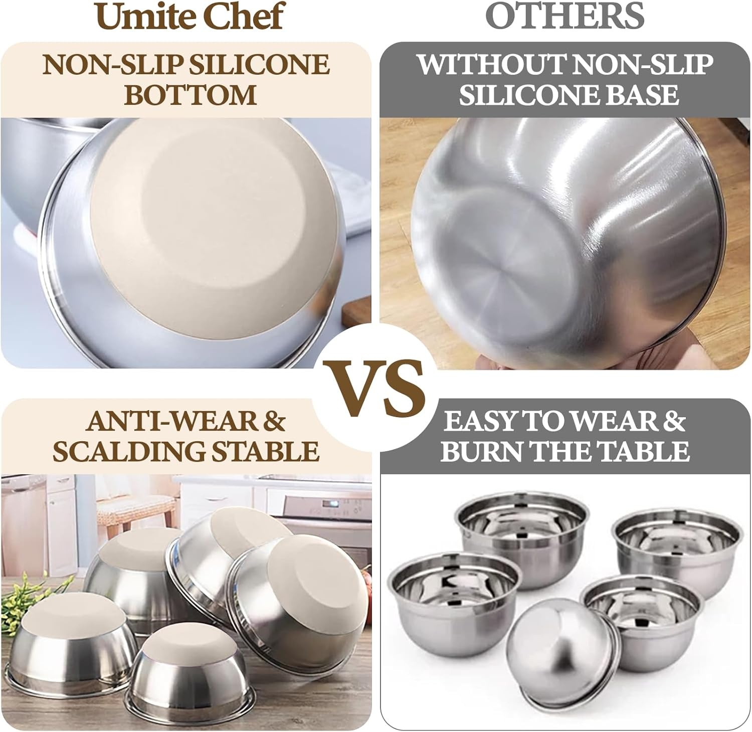 image:imageUmite Chef Mixing Bowls with Airtight Lids Set 8PCS Stainless Steel Nesting Bowls with Grater Attachments NonSlip Bottoms 5 4 35 2 15QT for Mixing amp ServingKhaki